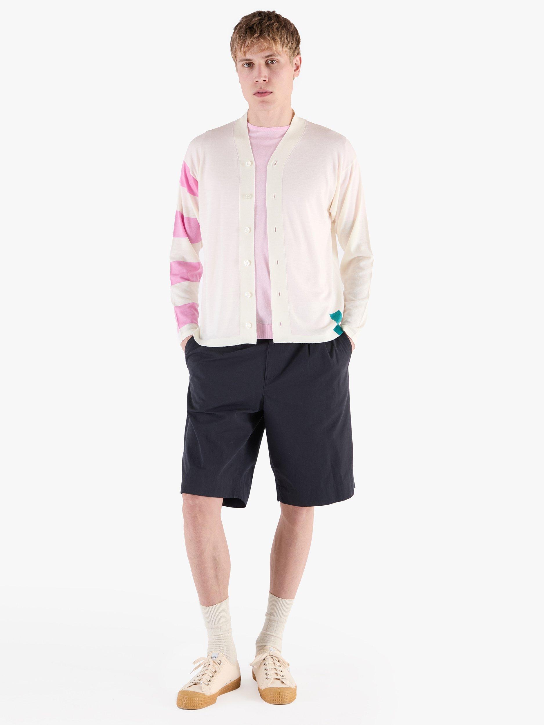 Product image 3 of 11, which shows John Smedley Merino Wool Modern Striped Cardigan, Snowwhite/Misty Rose, S