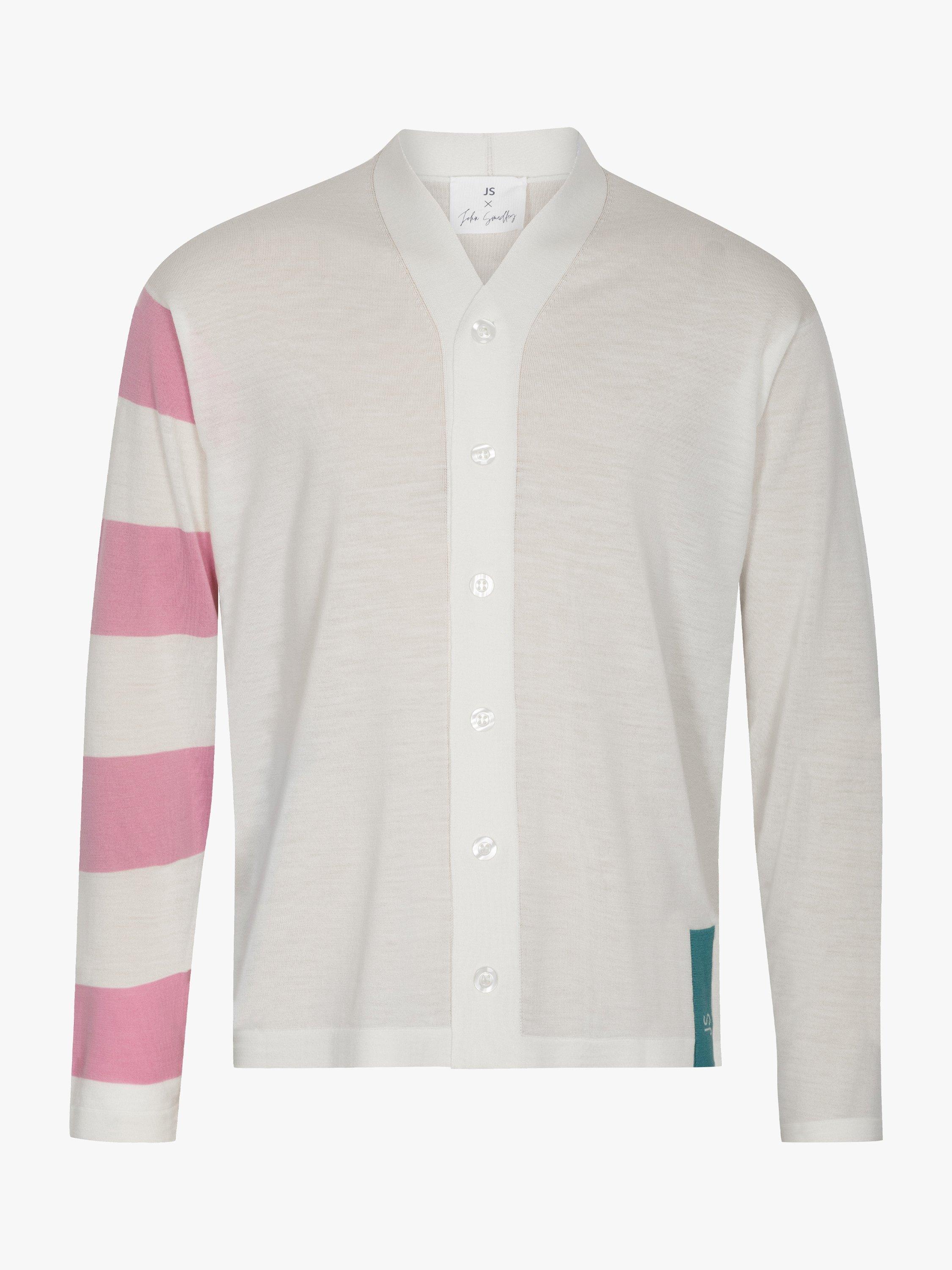 Product image 4 of 11, which shows John Smedley Merino Wool Modern Striped Cardigan, Snowwhite/Misty Rose, S