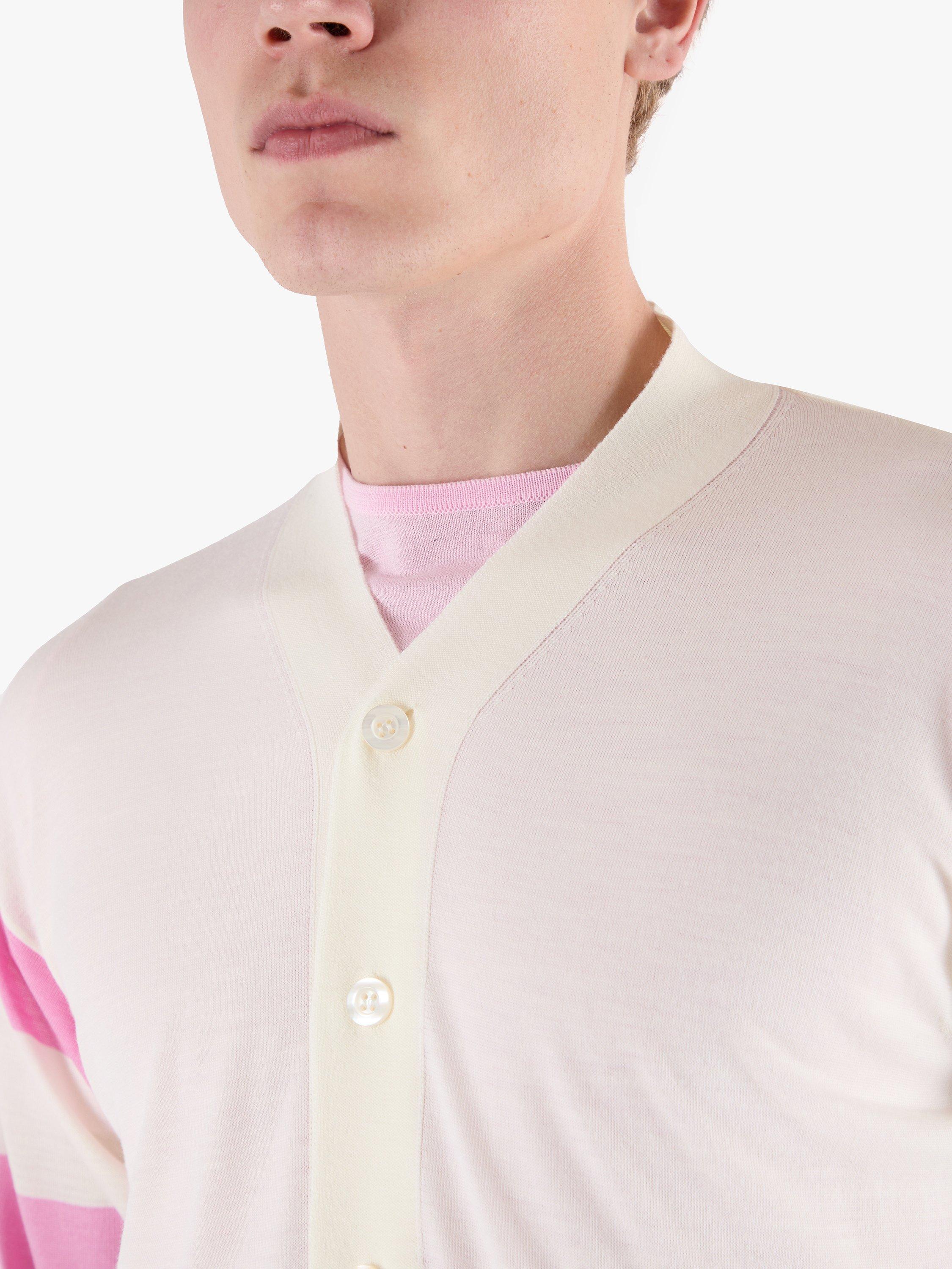 Product image 5 of 11, which shows John Smedley Merino Wool Modern Striped Cardigan, Snowwhite/Misty Rose, S