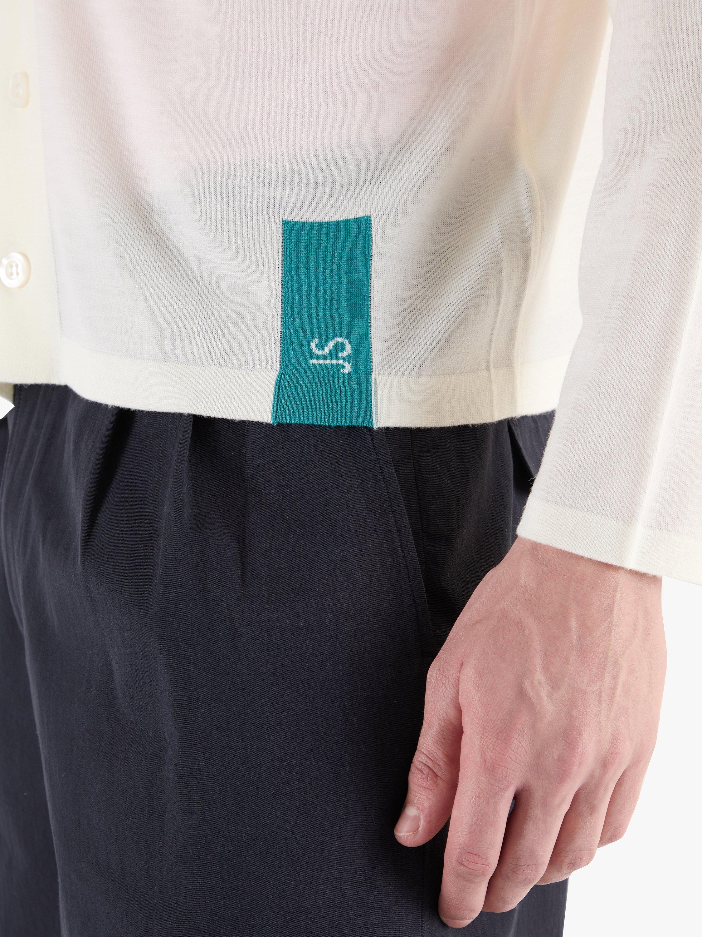 Product image 6 of 11, which shows John Smedley Merino Wool Modern Striped Cardigan, Snowwhite/Misty Rose, S