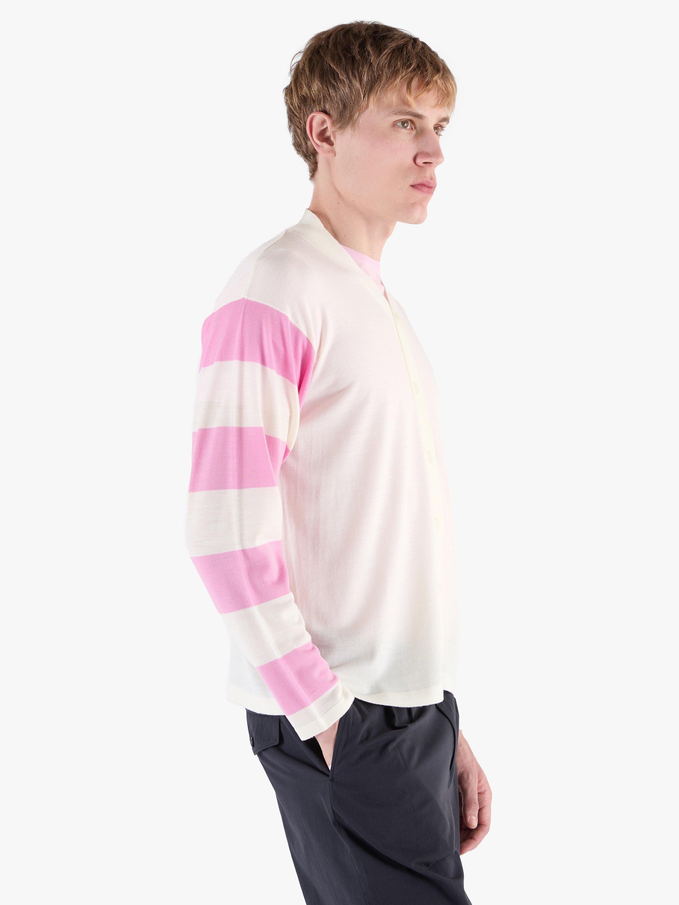 Product image 7 of 11, which shows John Smedley Merino Wool Modern Striped Cardigan, Snowwhite/Misty Rose, S