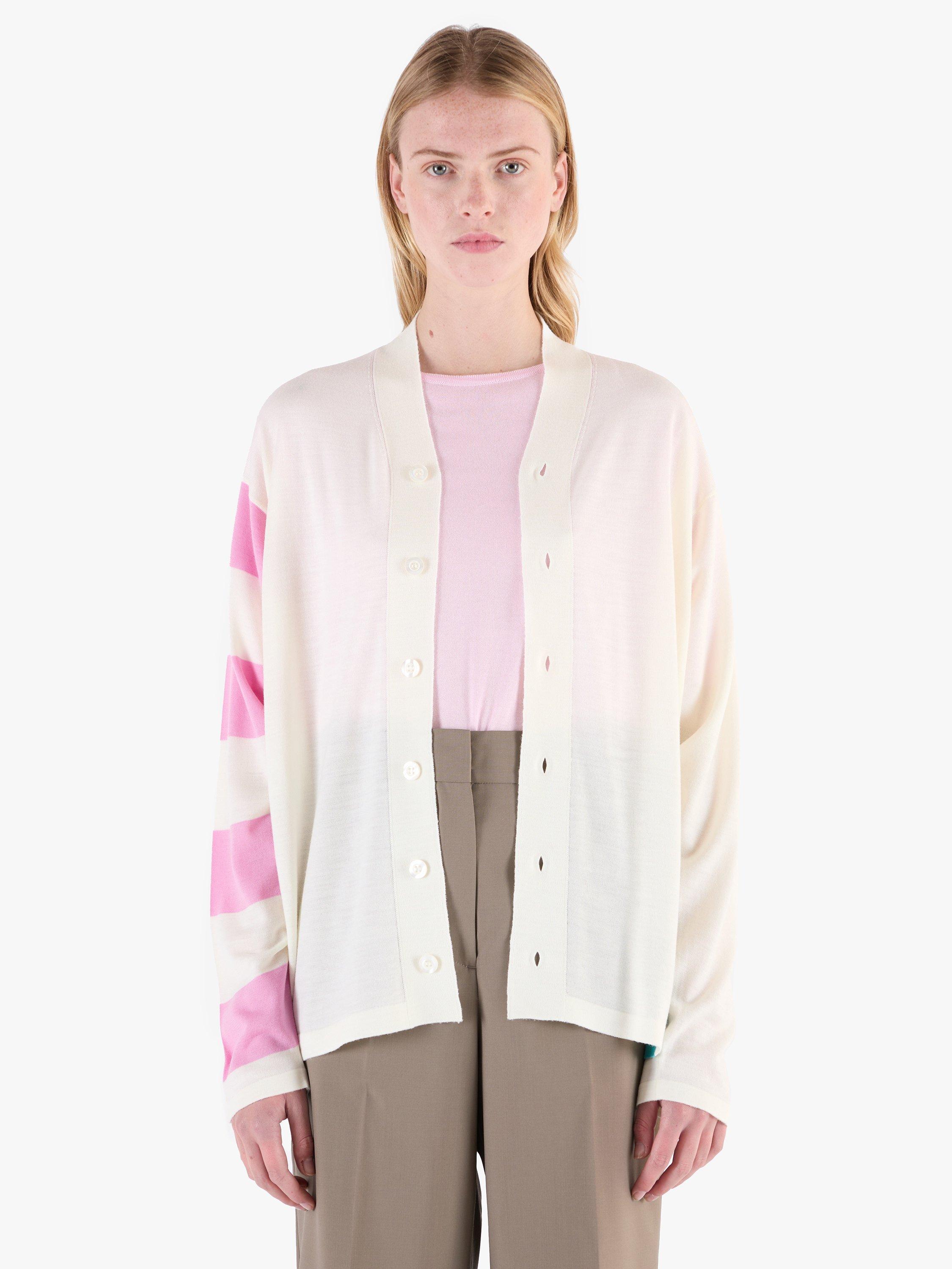 Product image 8 of 11, which shows John Smedley Merino Wool Modern Striped Cardigan, Snowwhite/Misty Rose, S