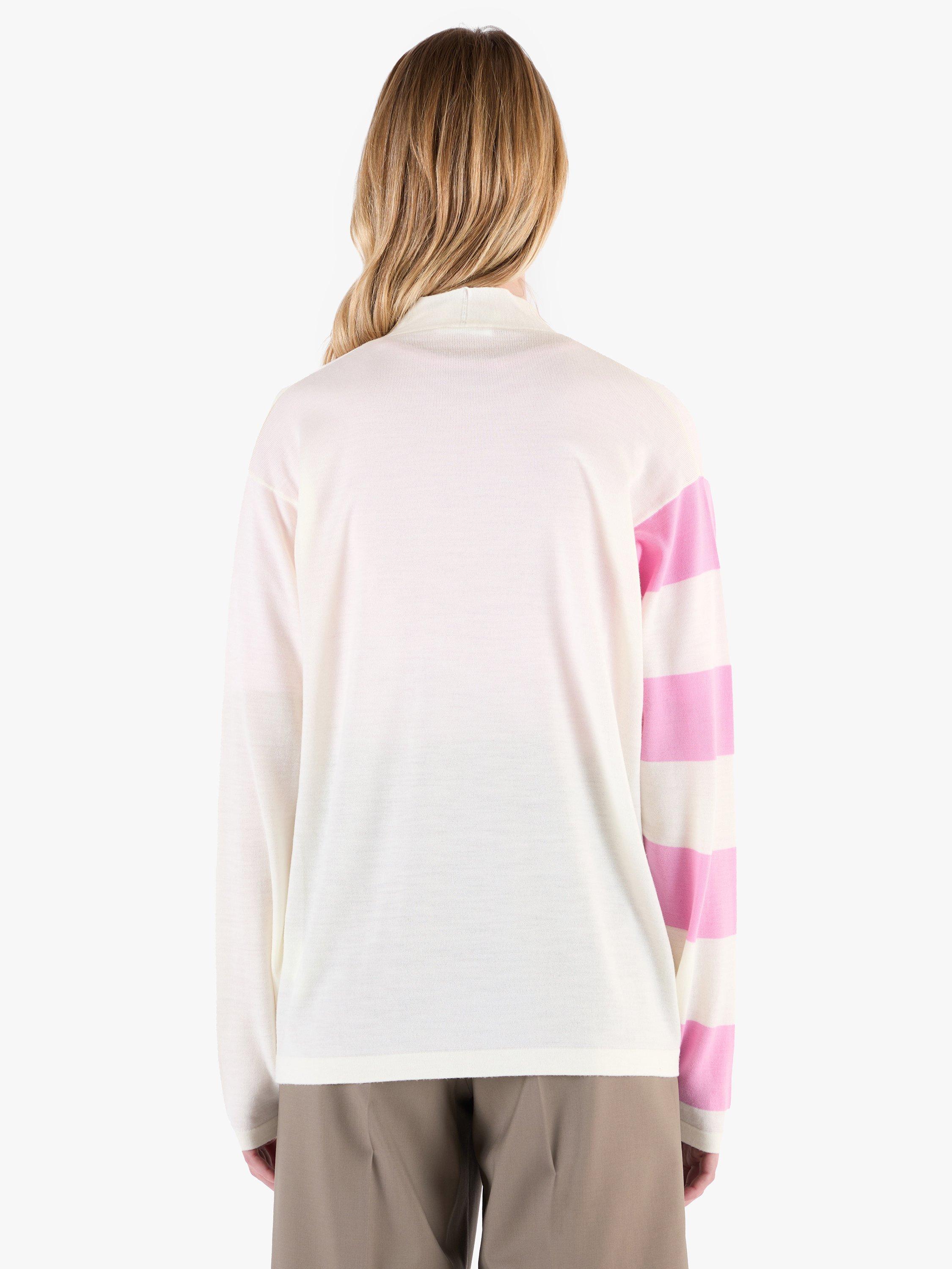 Product image 9 of 11, which shows John Smedley Merino Wool Modern Striped Cardigan, Snowwhite/Misty Rose, S