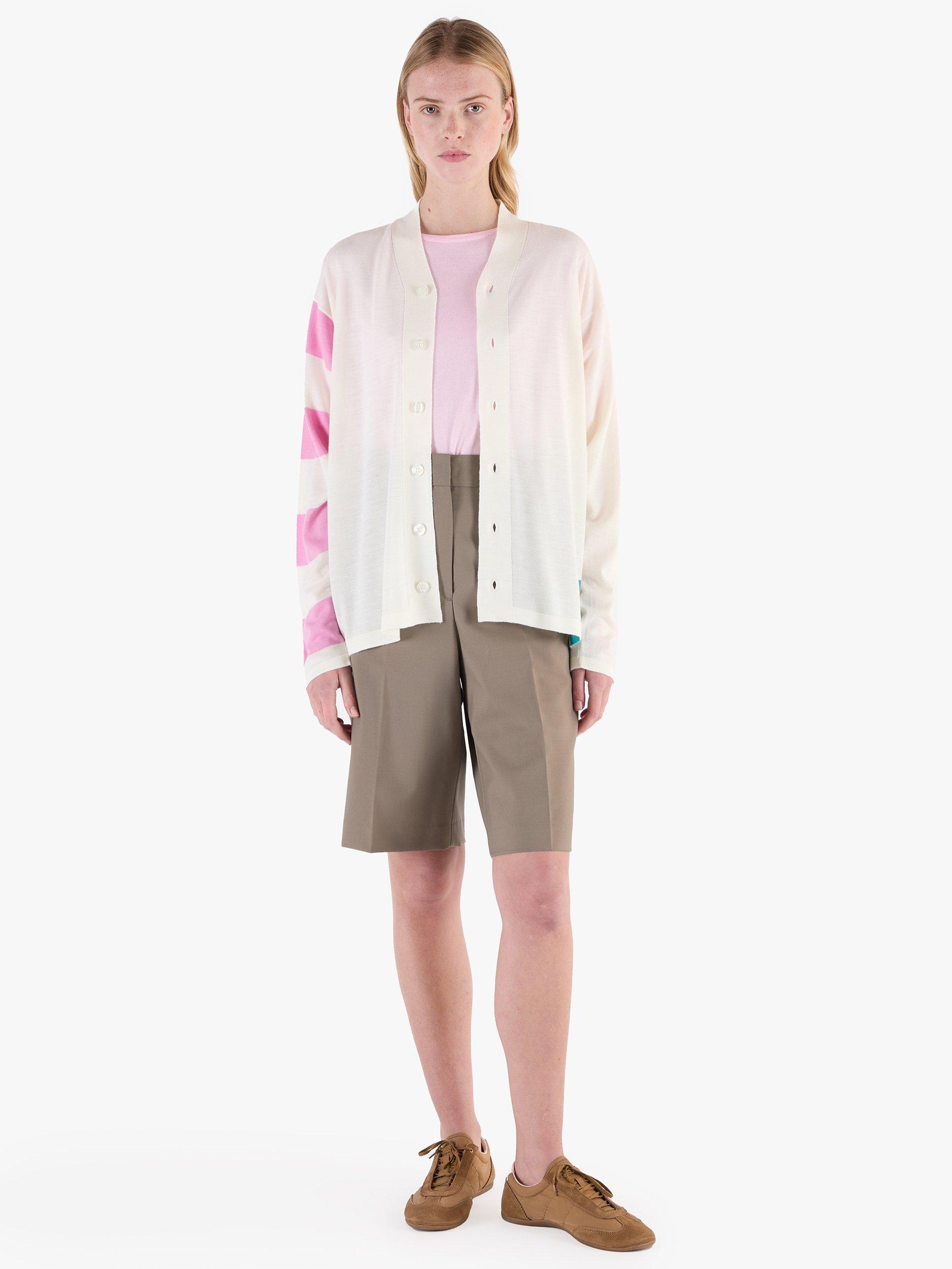 Product image 10 of 11, which shows John Smedley Merino Wool Modern Striped Cardigan, Snowwhite/Misty Rose, S