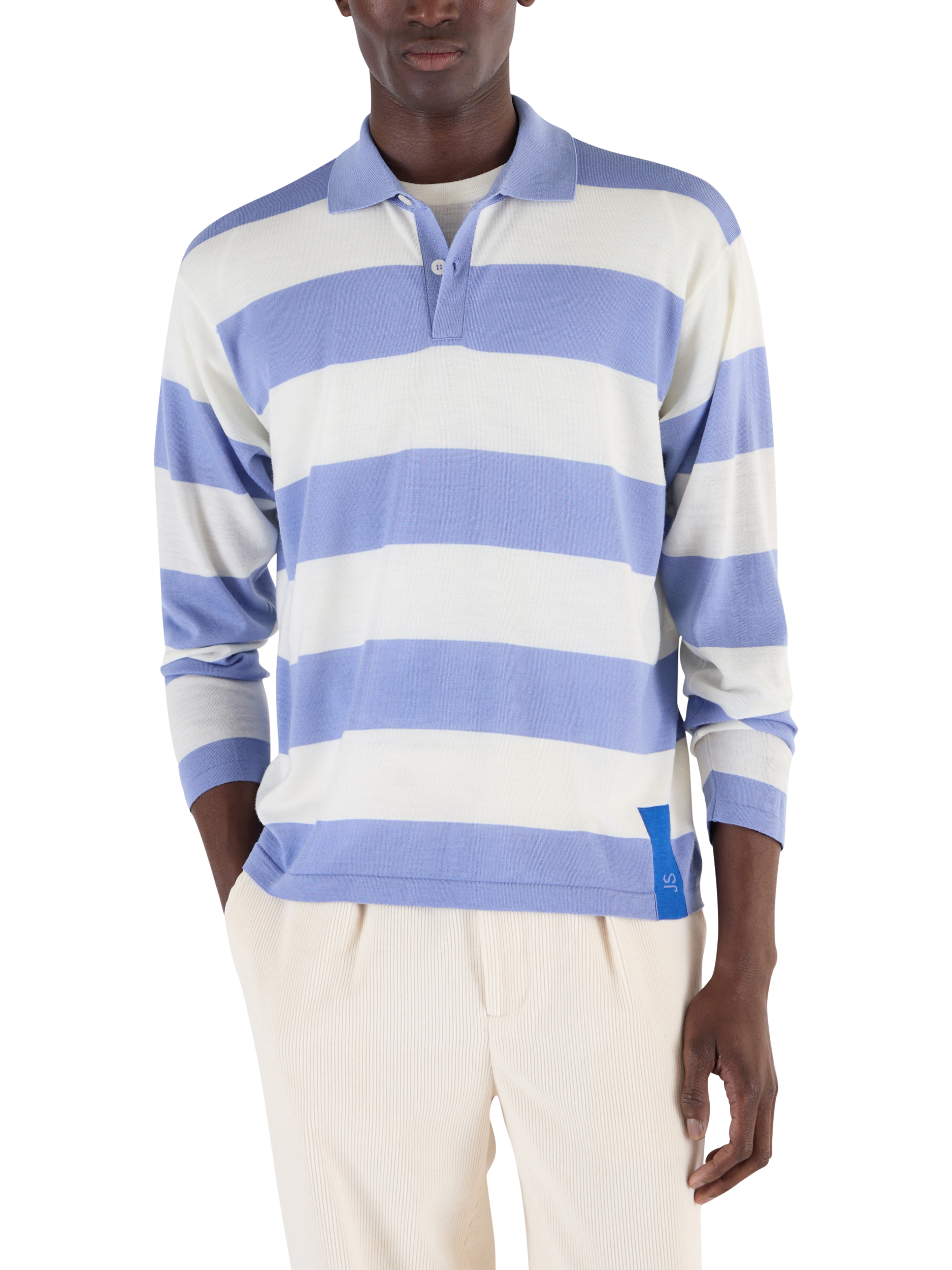 Product image 1 of 10, which shows John Smedley Unisex Stripe Rugby Shirt, Violet/Snow White, S