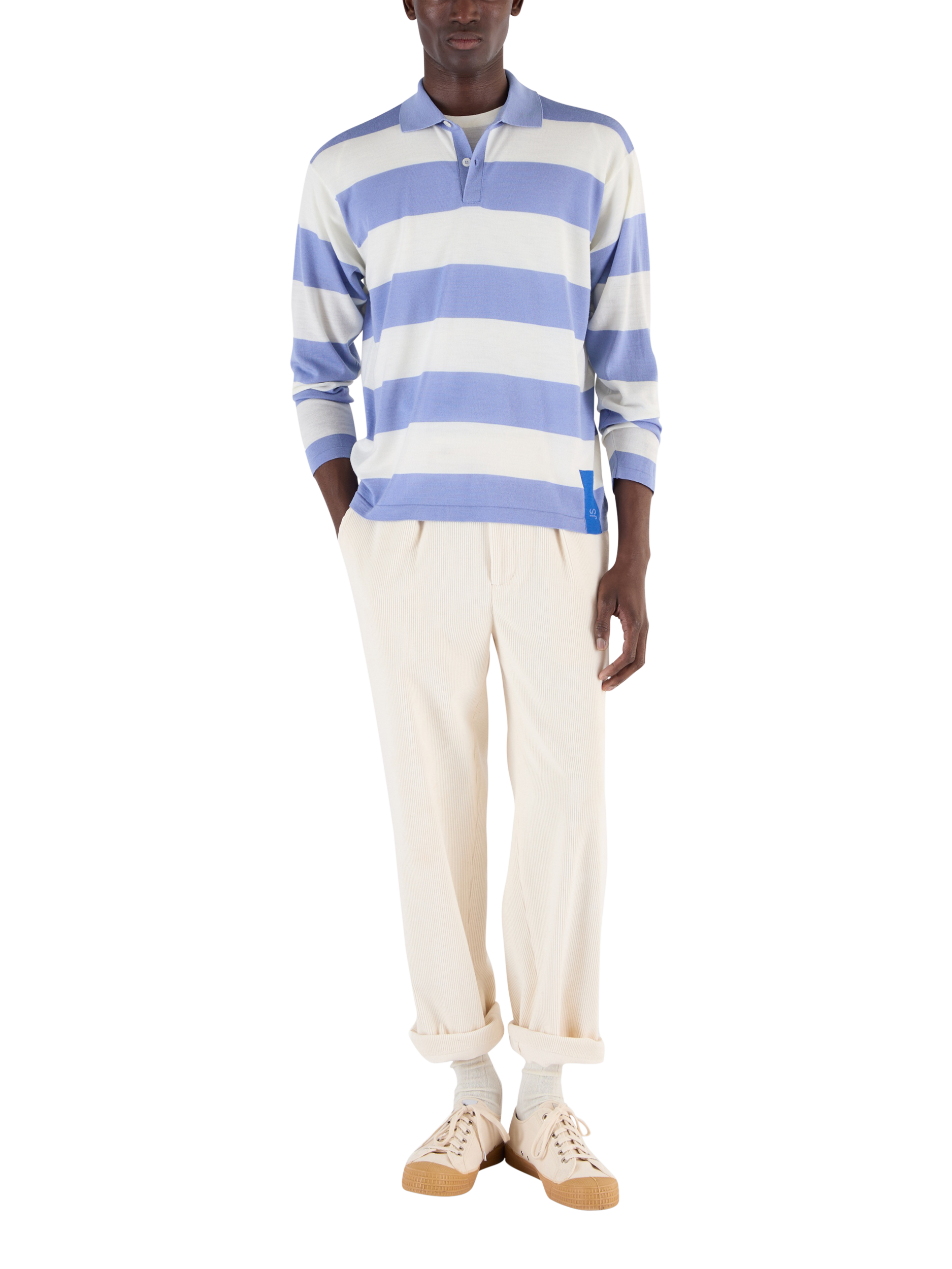 Product image 3 of 10, which shows John Smedley Unisex Stripe Rugby Shirt, Violet/Snow White, S