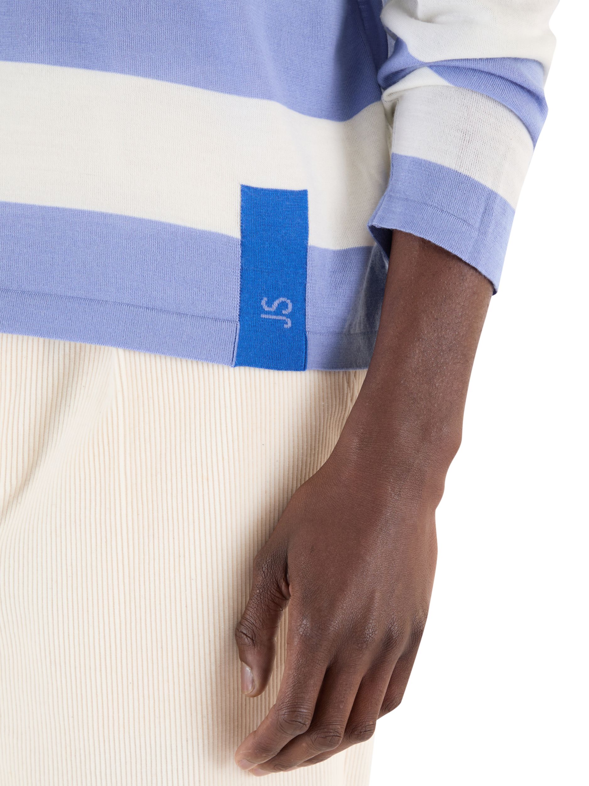 Product image 4 of 10, which shows John Smedley Unisex Stripe Rugby Shirt, Violet/Snow White, S