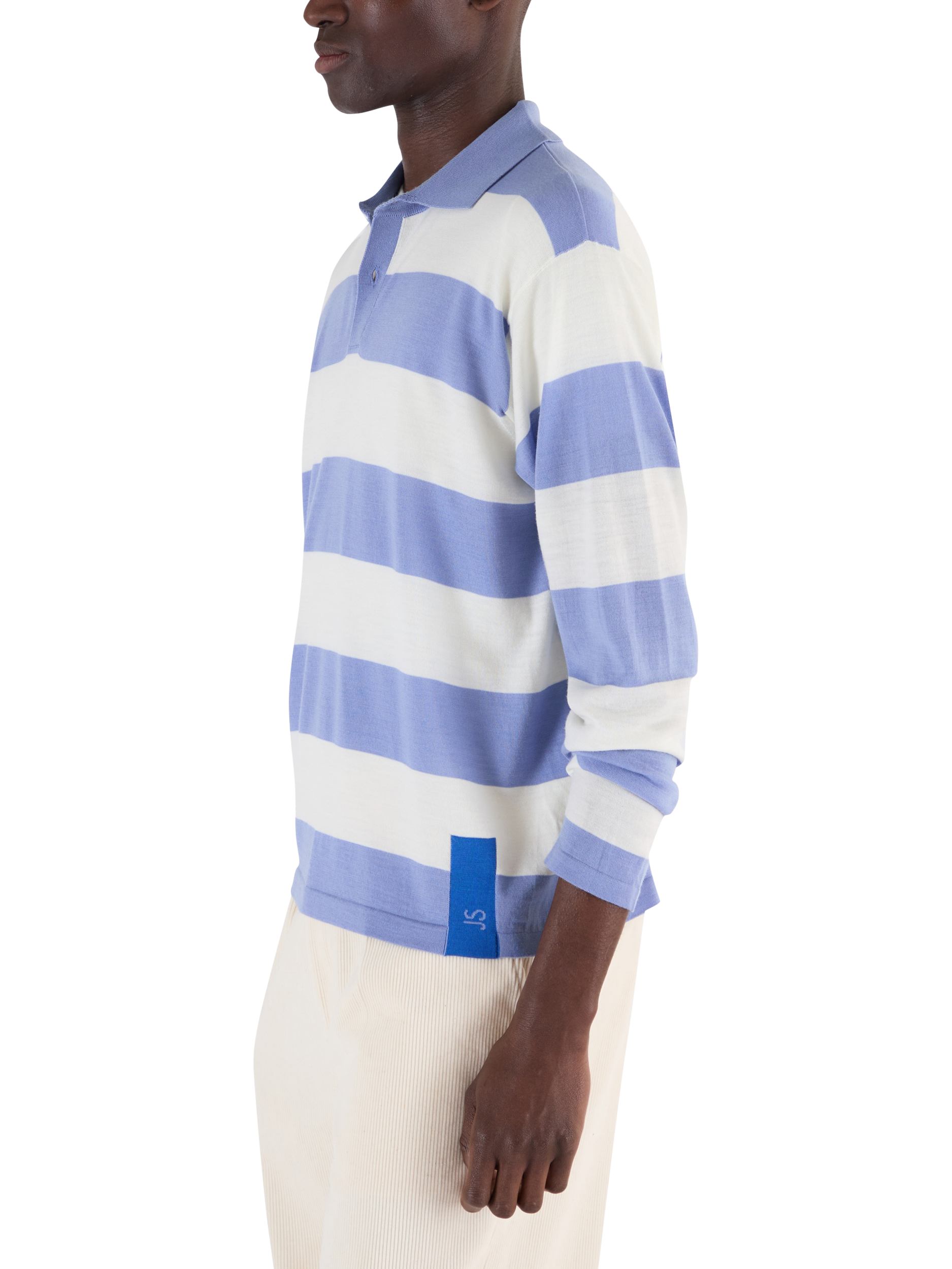 Product image 5 of 10, which shows John Smedley Unisex Stripe Rugby Shirt, Violet/Snow White, S