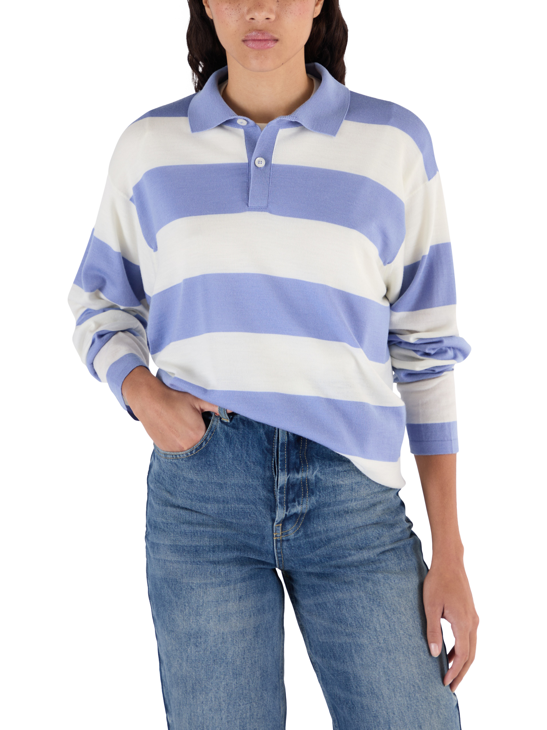 Product image 6 of 10, which shows John Smedley Unisex Stripe Rugby Shirt, Violet/Snow White, S