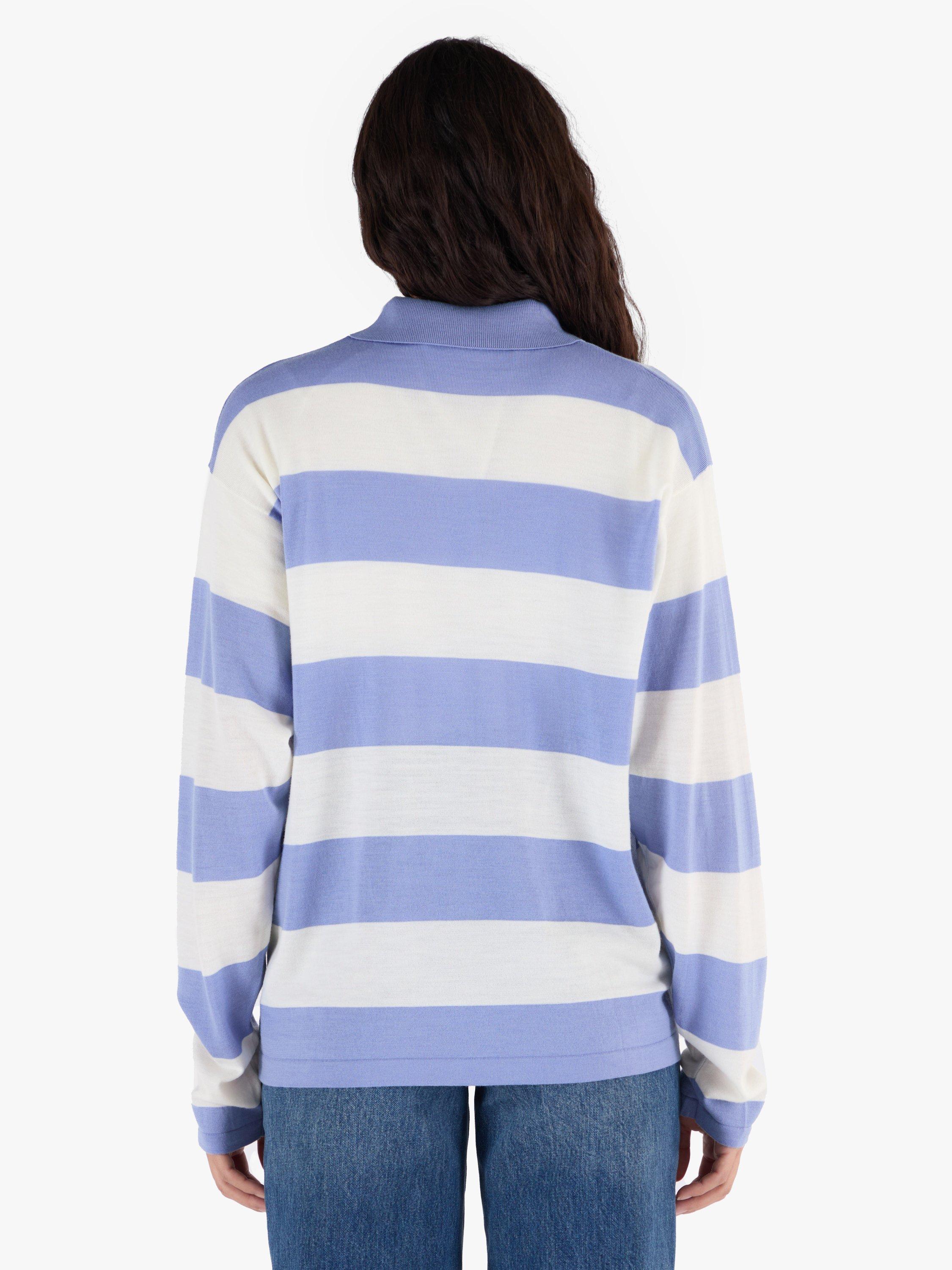 Product image 7 of 10, which shows John Smedley Unisex Stripe Rugby Shirt, Violet/Snow White, S