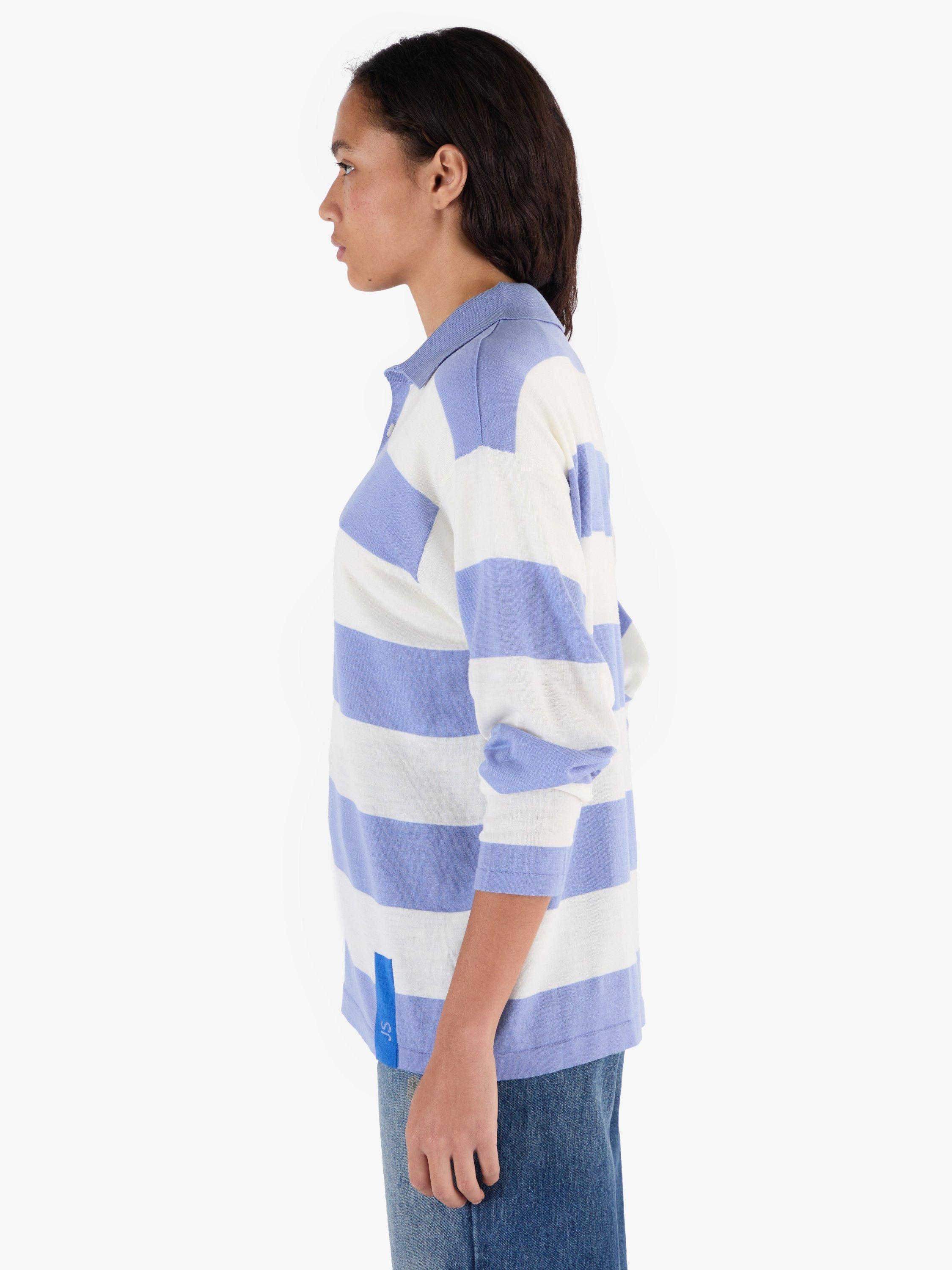 Product image 10 of 10, which shows John Smedley Unisex Stripe Rugby Shirt, Violet/Snow White, S