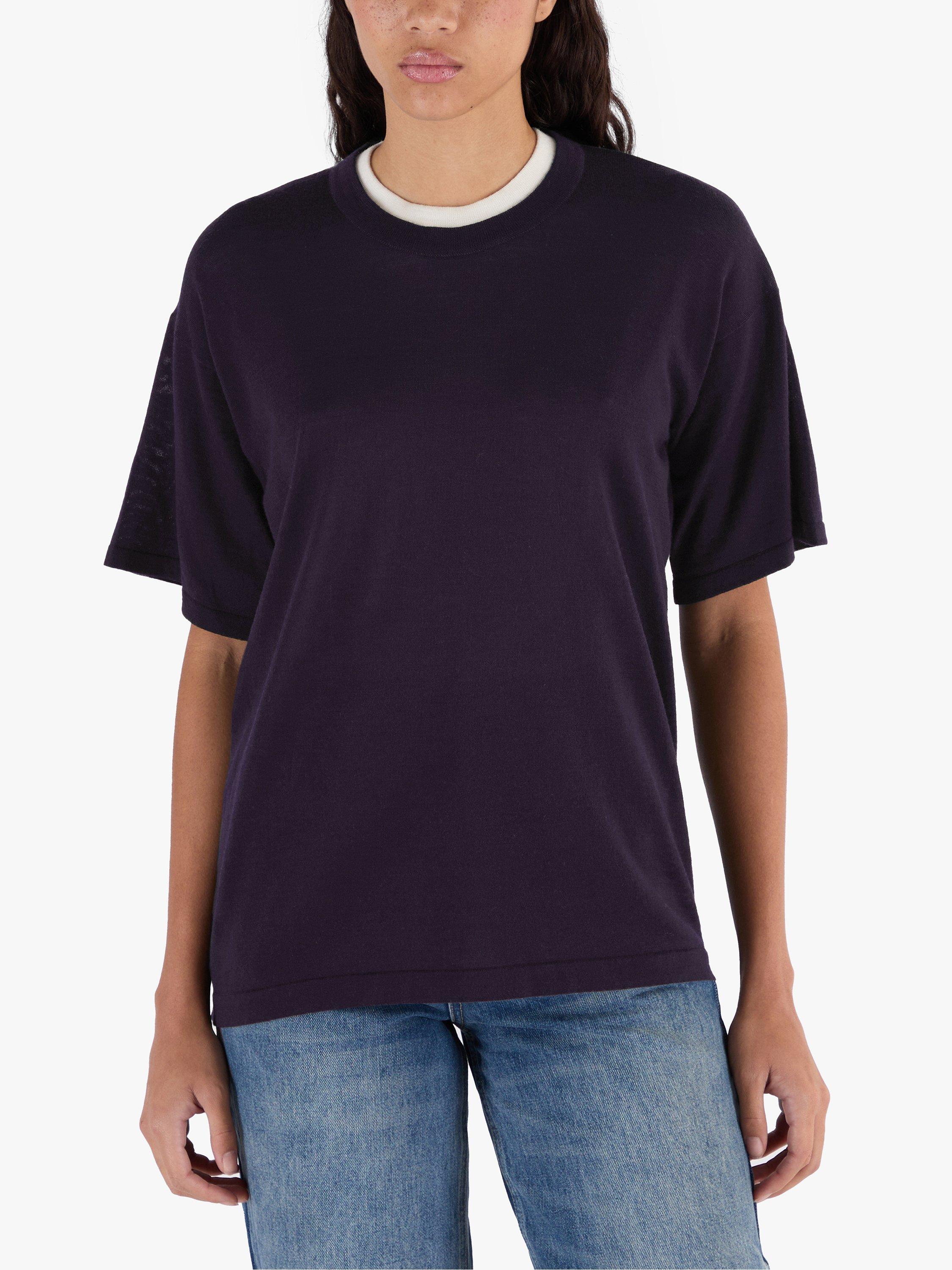 Product image 1 of 10, which shows John Smedley Merino Boxy Fit Short Sleeve T-Shirt, Purple/Rosewood, S