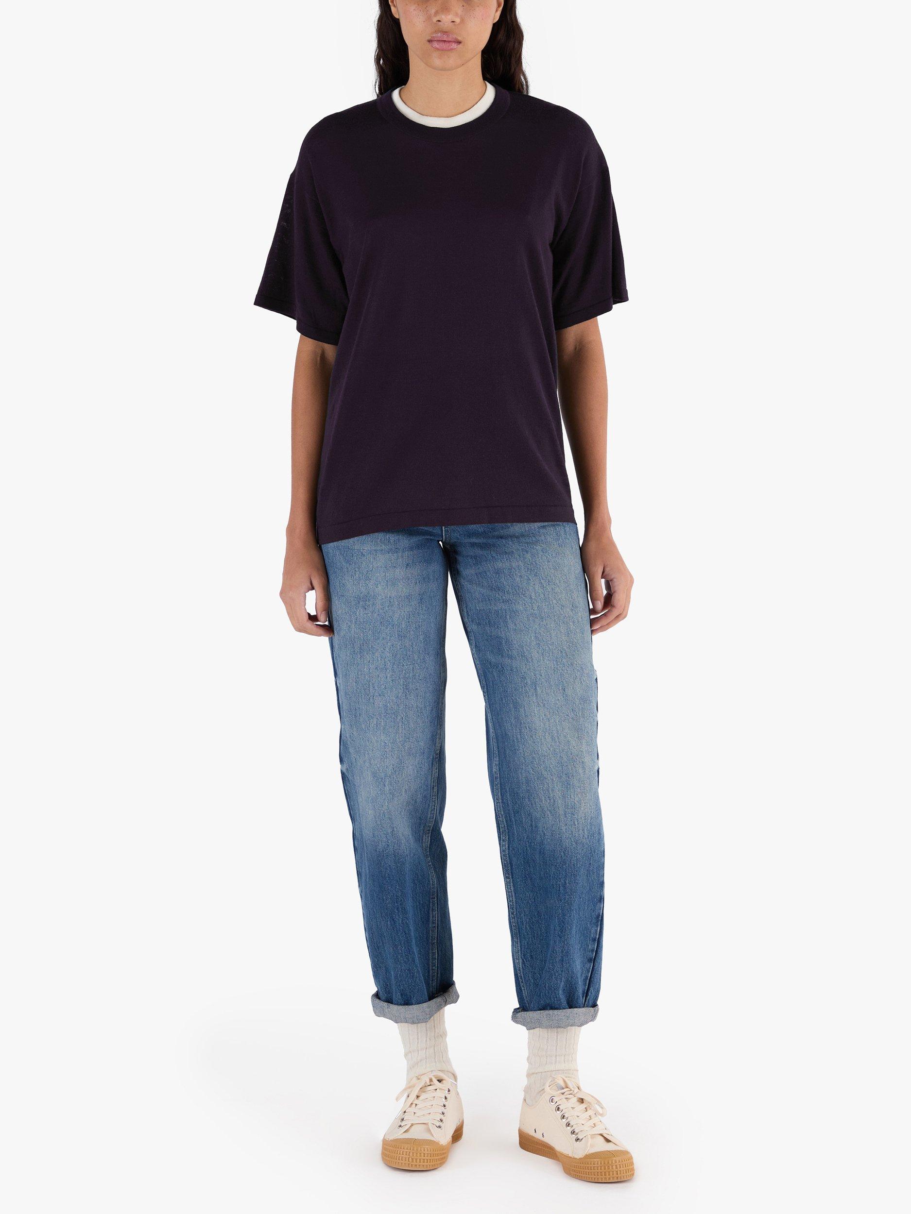 Product image 3 of 10, which shows John Smedley Merino Boxy Fit Short Sleeve T-Shirt, Purple/Rosewood, S
