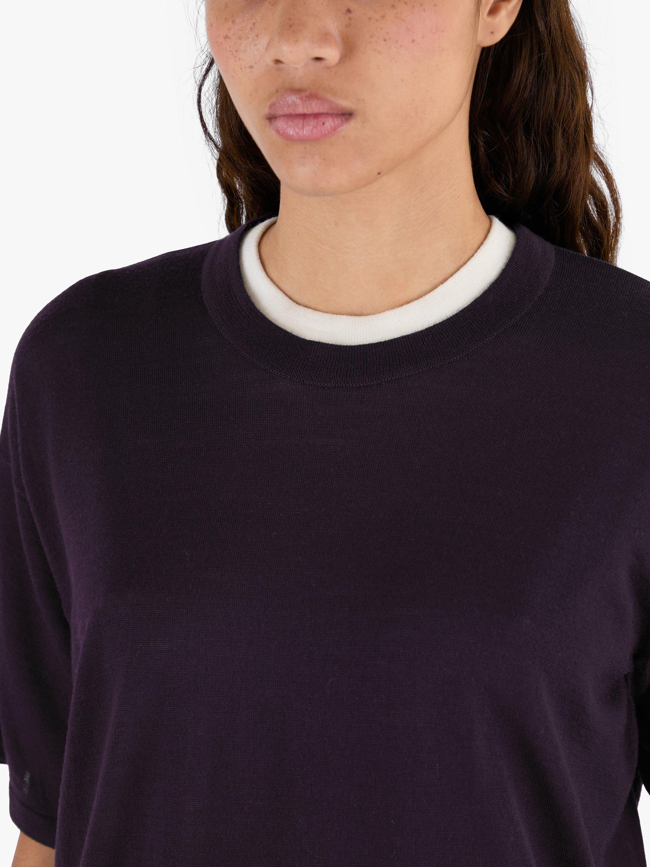 Product image 4 of 10, which shows John Smedley Merino Boxy Fit Short Sleeve T-Shirt, Purple/Rosewood, S