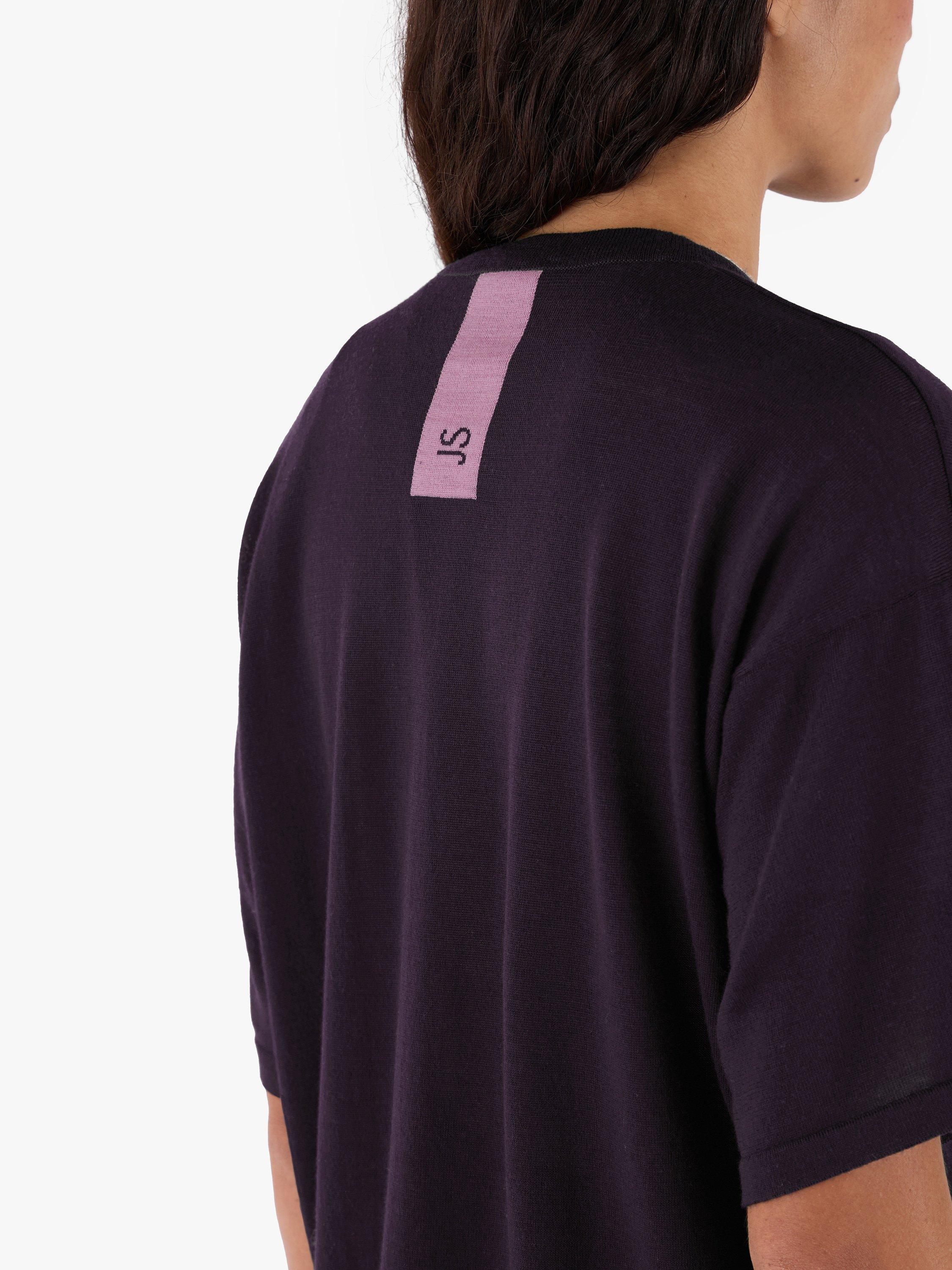 Product image 5 of 10, which shows John Smedley Merino Boxy Fit Short Sleeve T-Shirt, Purple/Rosewood, S