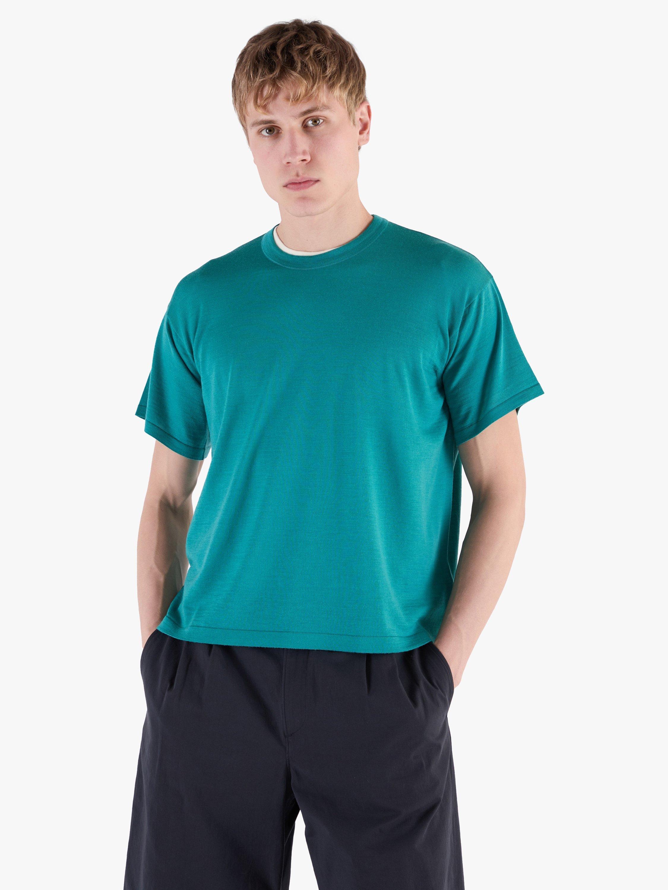 Product image 1 of 11, which shows John Smedley Merino Boxy Fit T-Shirt, Oceanteal/Misty Rose, S