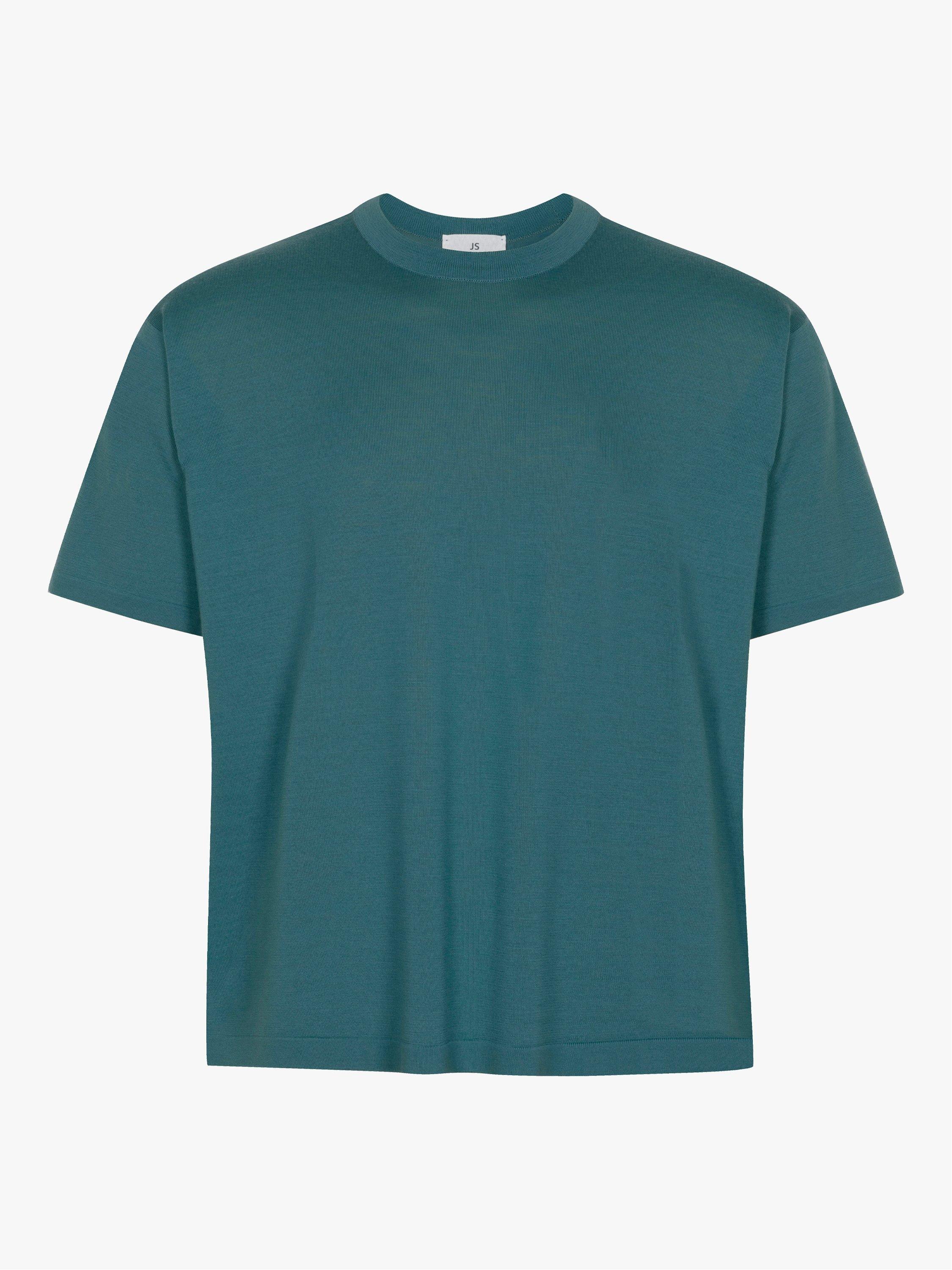 Product image 4 of 11, which shows John Smedley Merino Boxy Fit T-Shirt, Oceanteal/Misty Rose, S