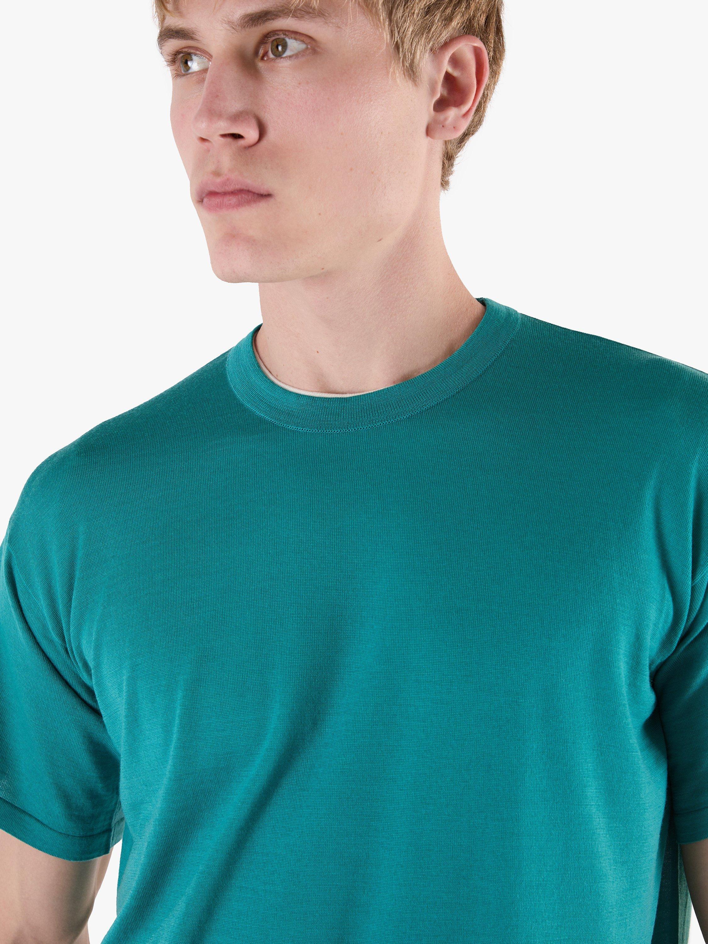 Product image 5 of 11, which shows John Smedley Merino Boxy Fit T-Shirt, Oceanteal/Misty Rose, S