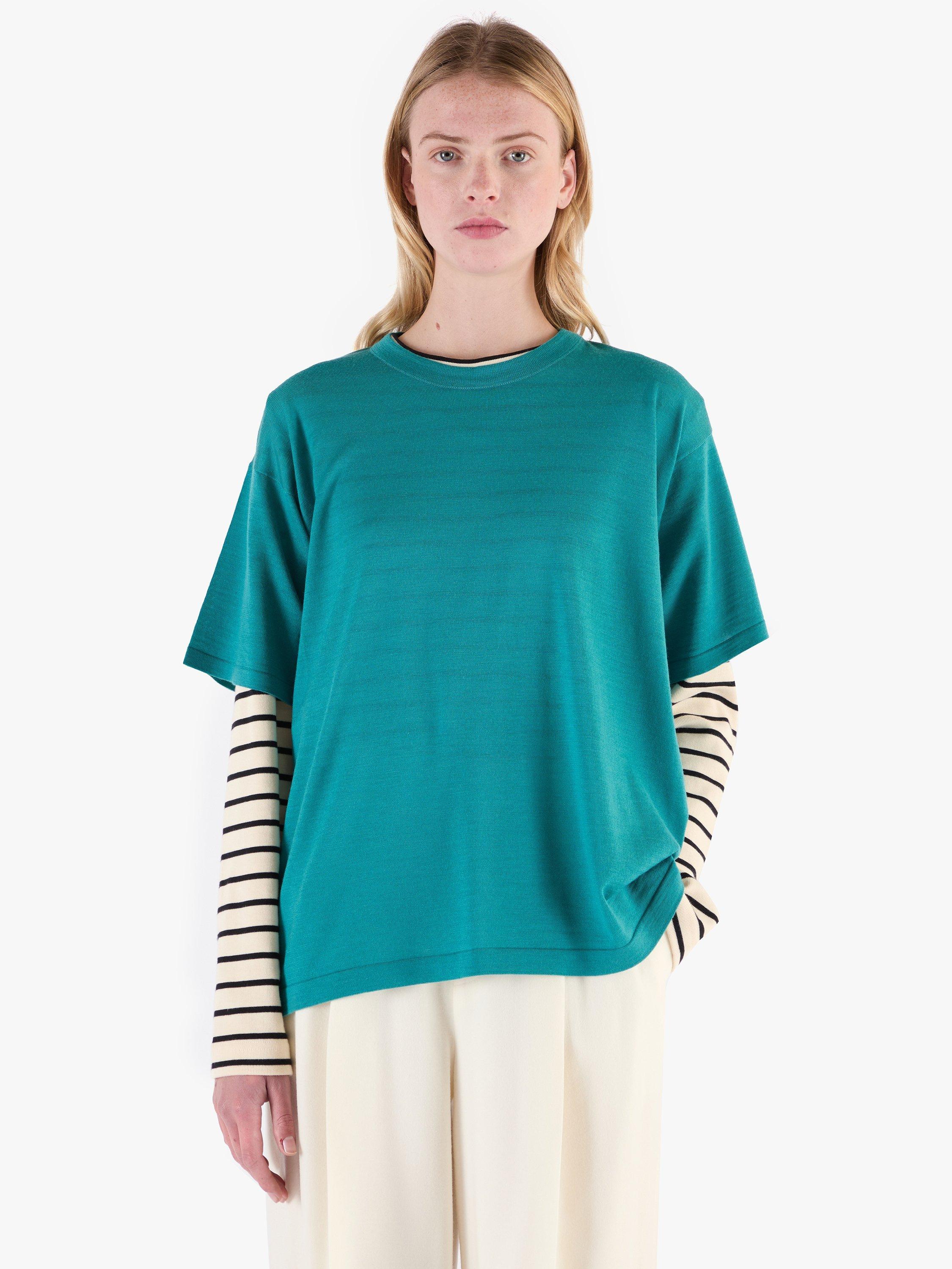 Product image 8 of 11, which shows John Smedley Merino Boxy Fit T-Shirt, Oceanteal/Misty Rose, S