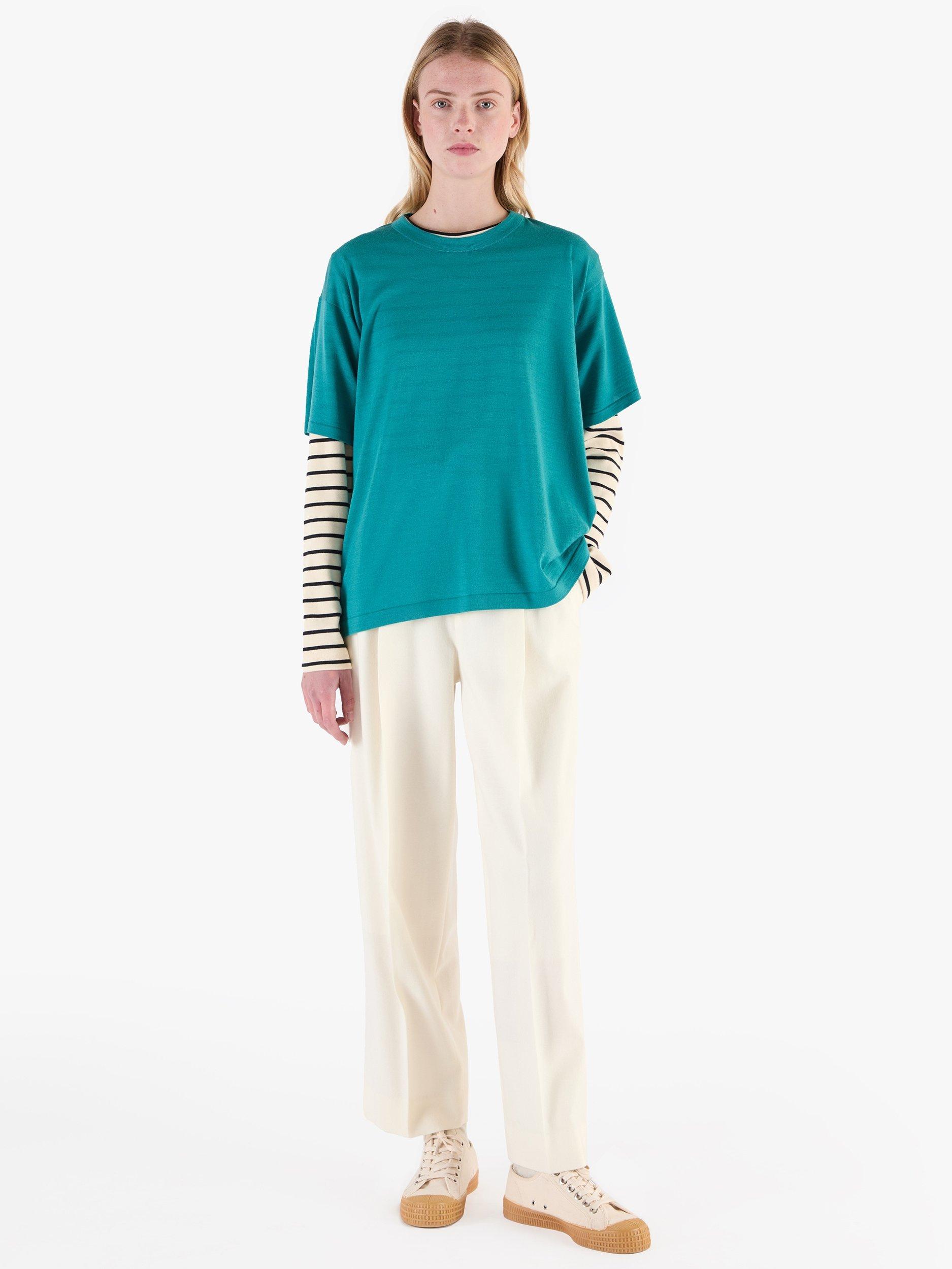 Product image 10 of 11, which shows John Smedley Merino Boxy Fit T-Shirt, Oceanteal/Misty Rose, S