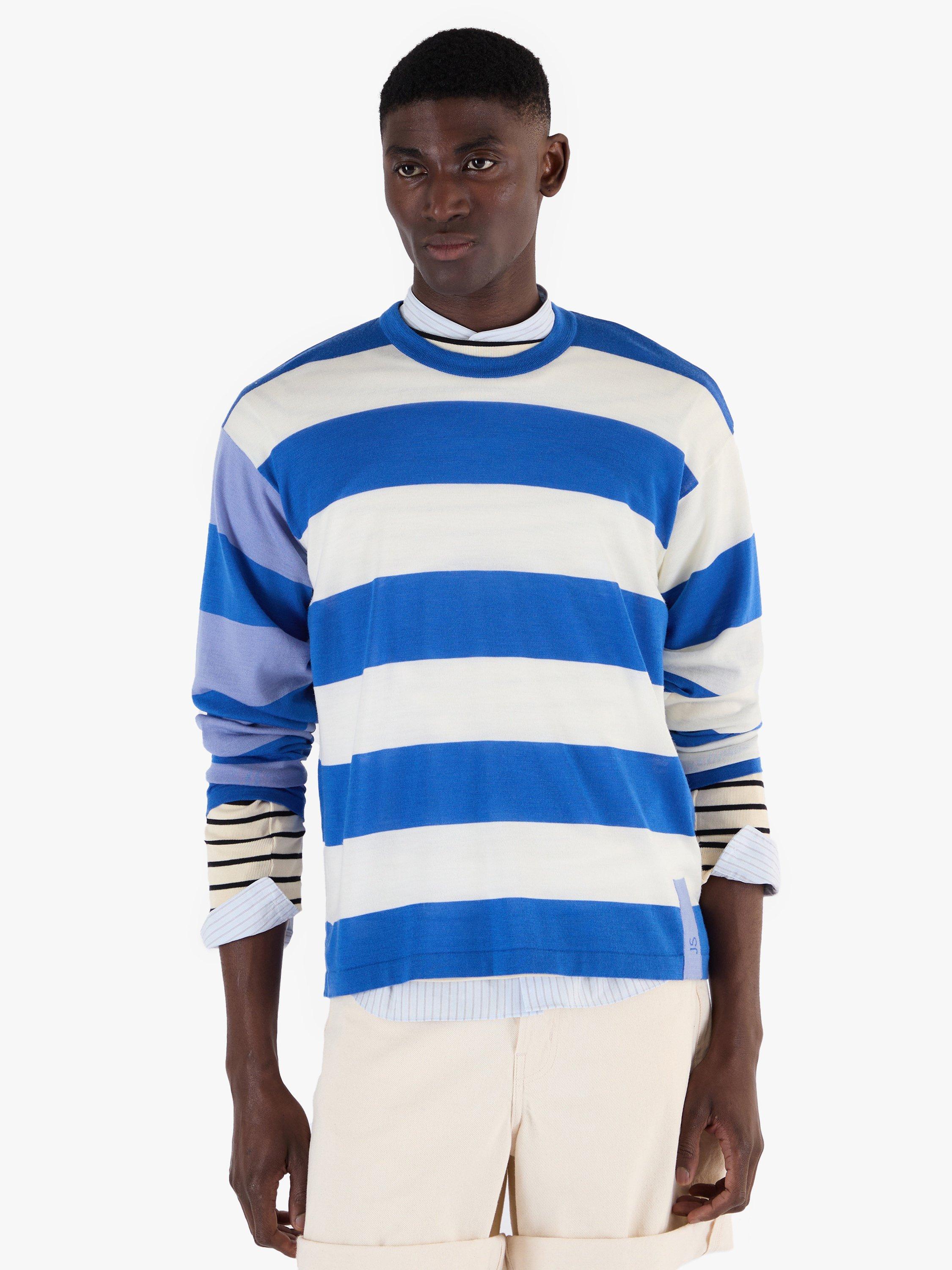Product image 1 of 8, which shows John Smedley Unisex Stripe Jumper, Jay Blue/White/Violet, S