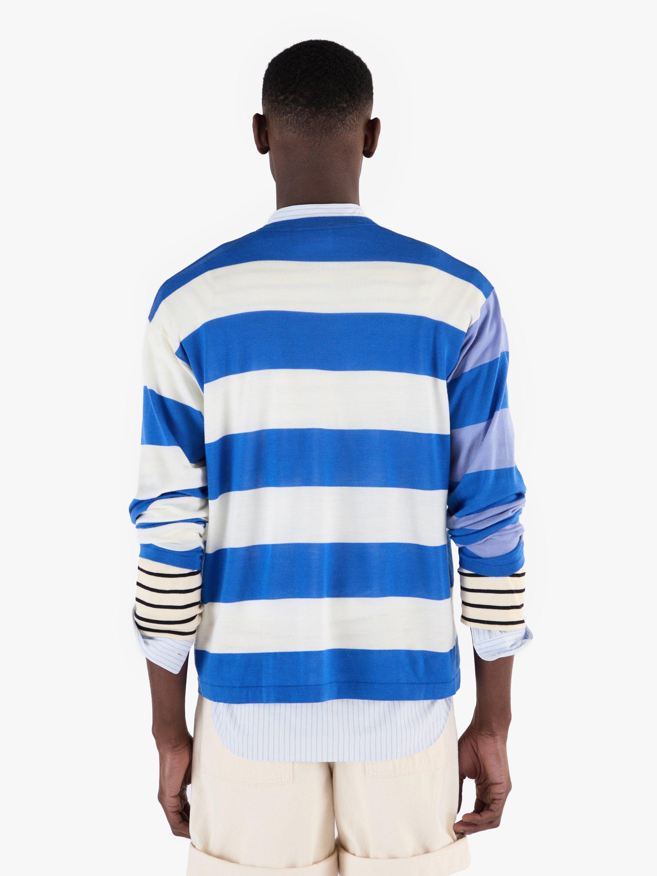 Product image 2 of 8, which shows John Smedley Unisex Stripe Jumper, Jay Blue/White/Violet, S