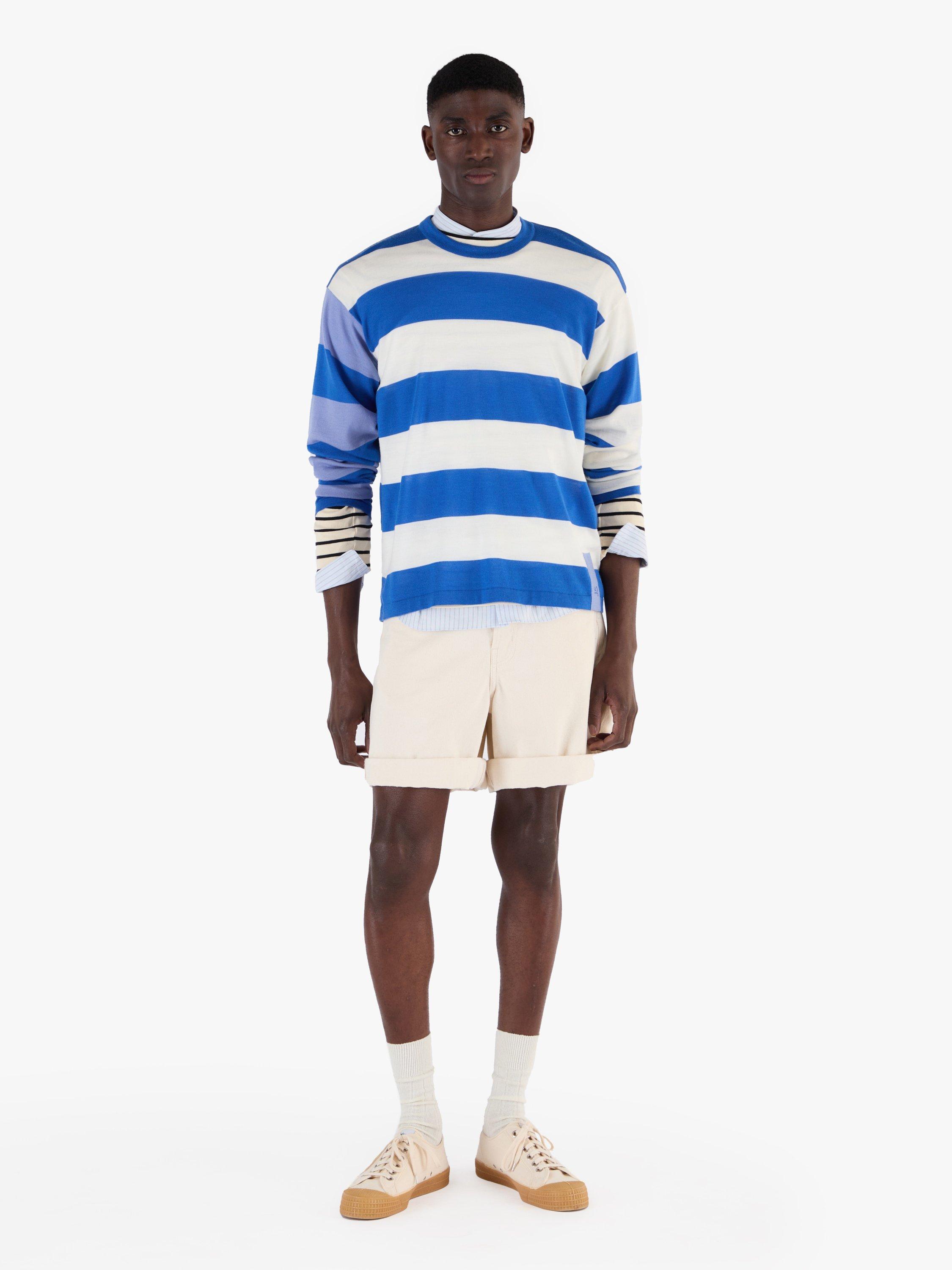 Product image 3 of 8, which shows John Smedley Unisex Stripe Jumper, Jay Blue/White/Violet, S
