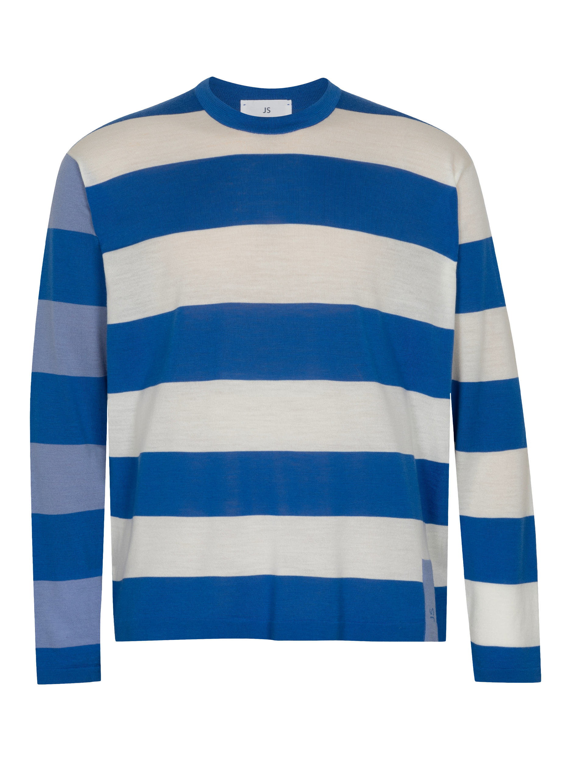 Product image 4 of 8, which shows John Smedley Unisex Stripe Jumper, Jay Blue/White/Violet, S