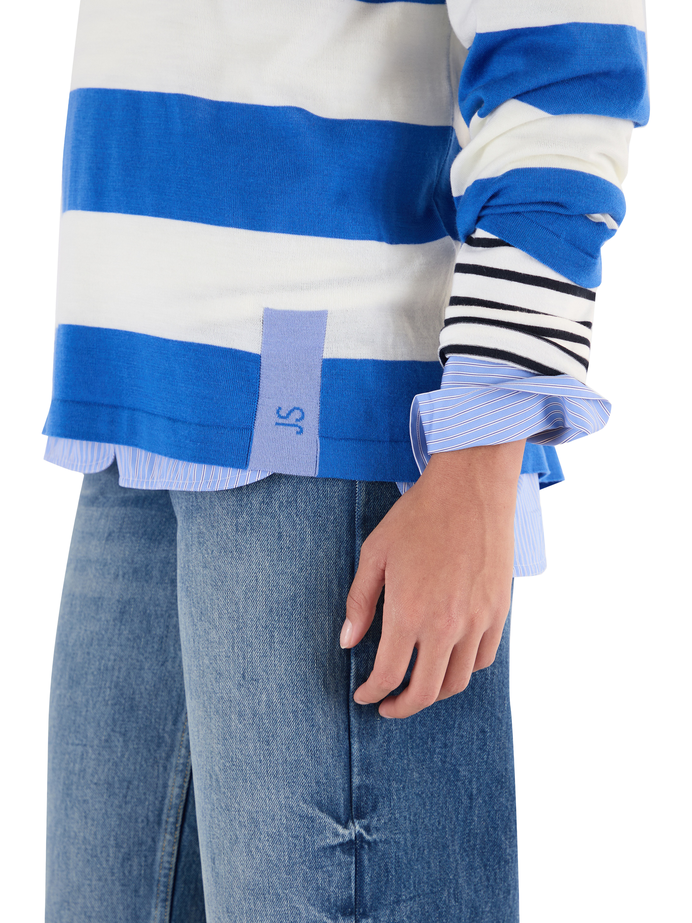Product image 8 of 8, which shows John Smedley Unisex Stripe Jumper, Jay Blue/White/Violet, S