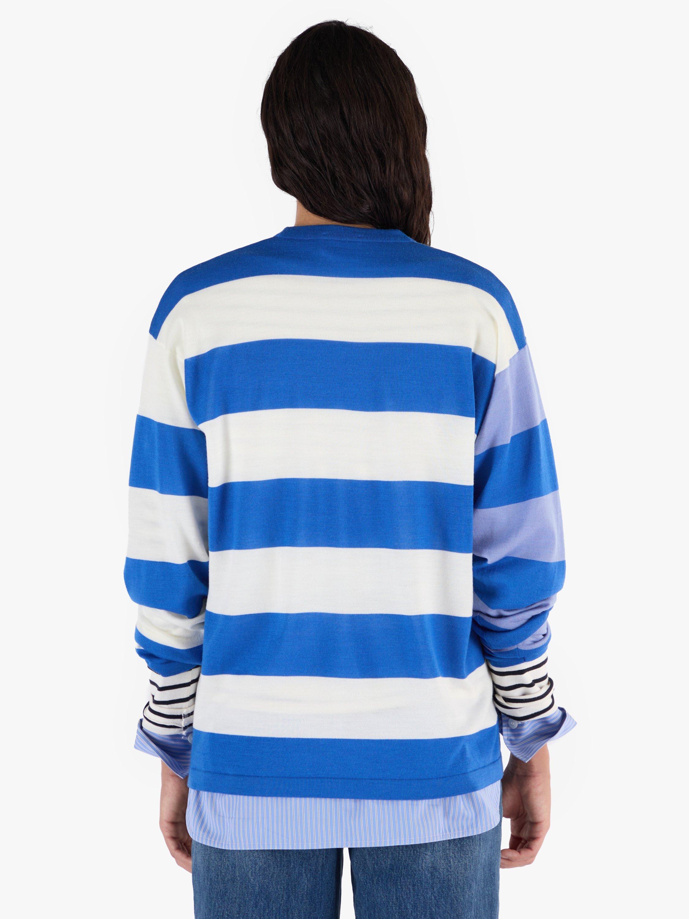 Product image 6 of 8, which shows John Smedley Unisex Stripe Jumper, Jay Blue/White/Violet, S
