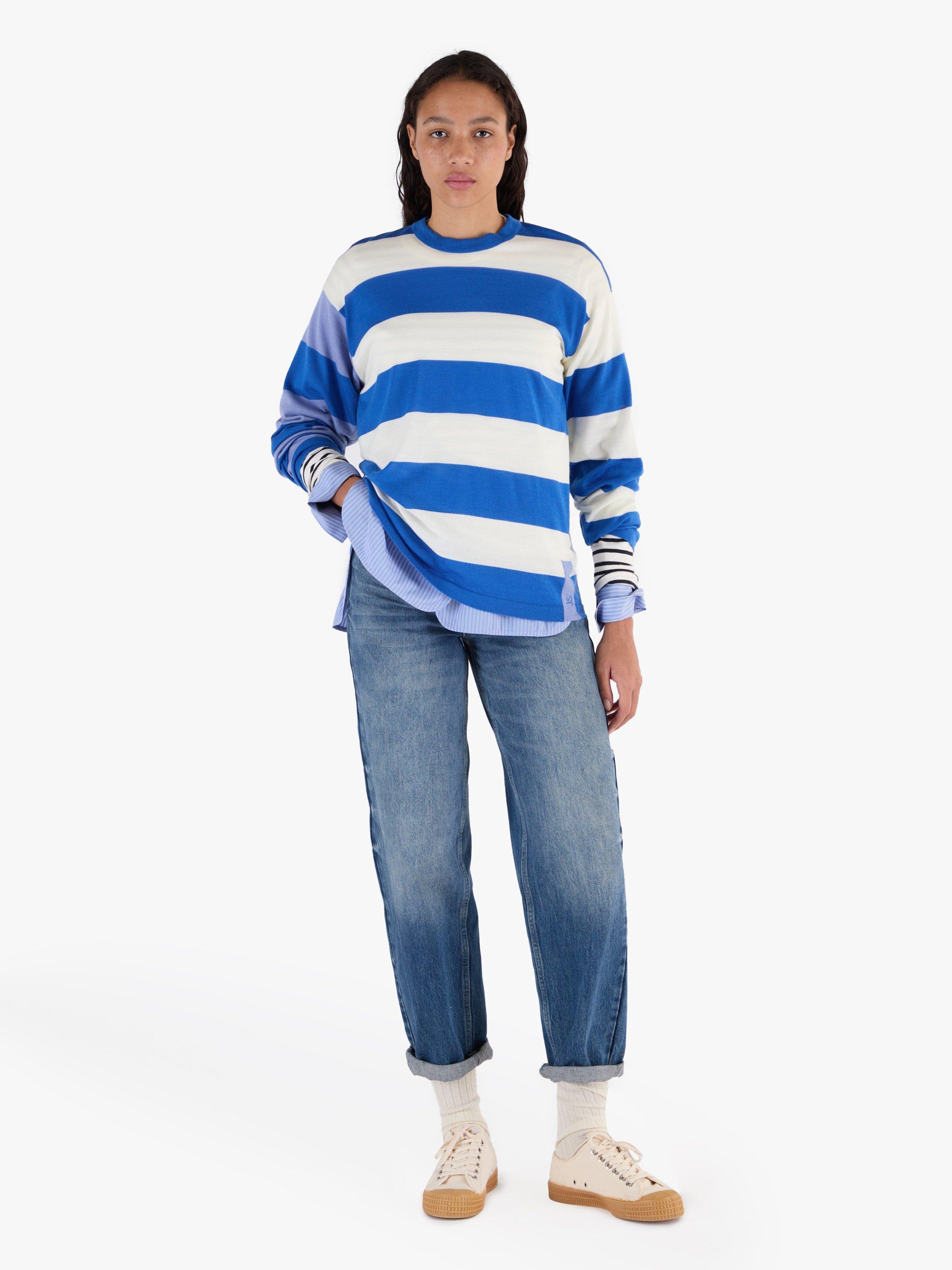 Product image 5 of 8, which shows John Smedley Unisex Stripe Jumper, Jay Blue/White/Violet, S