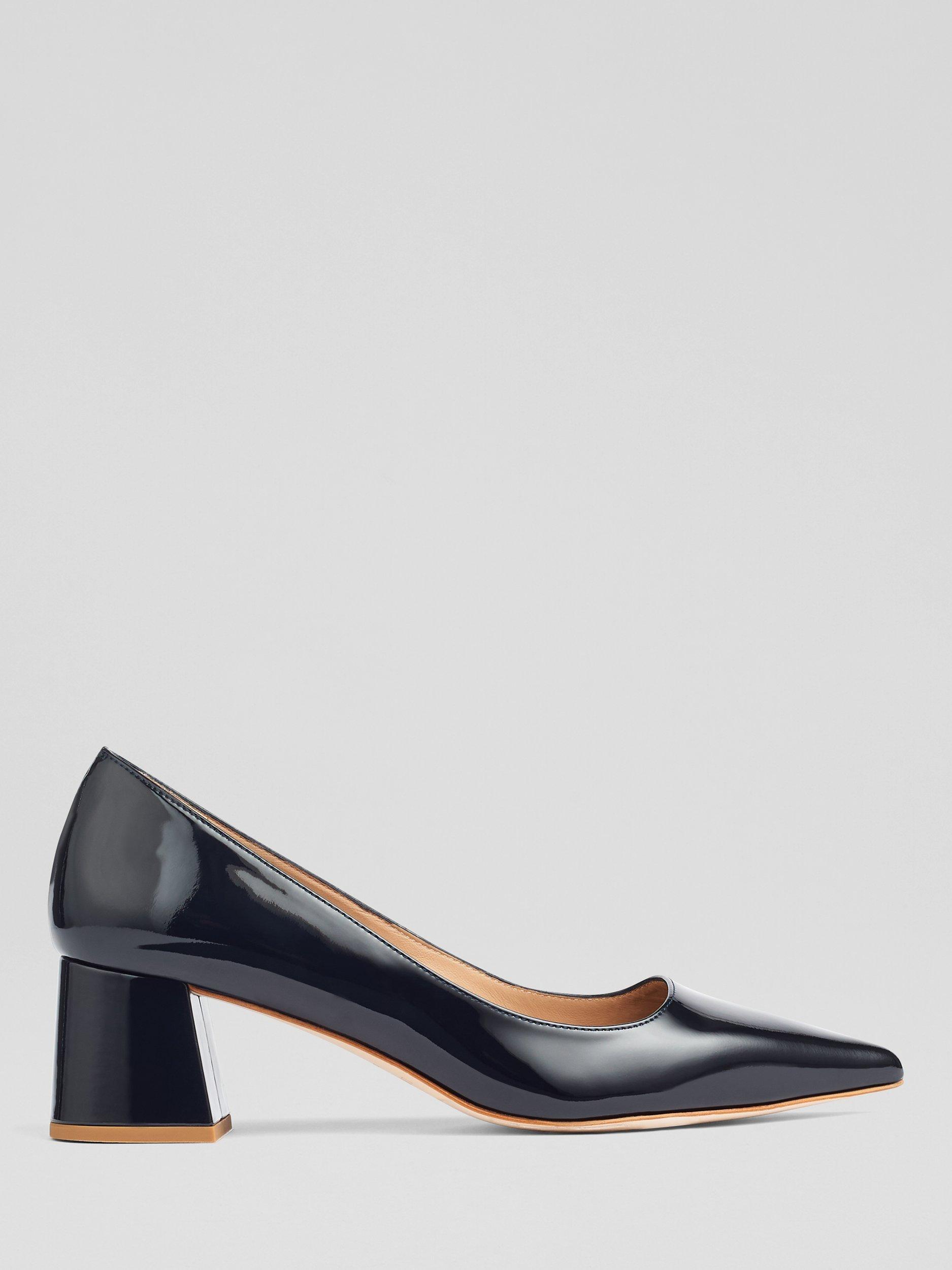 Product image 1 of 3, which shows L.K.Bennett Sloane Patent Leather Block Heel Court Shoes, Navy, 2