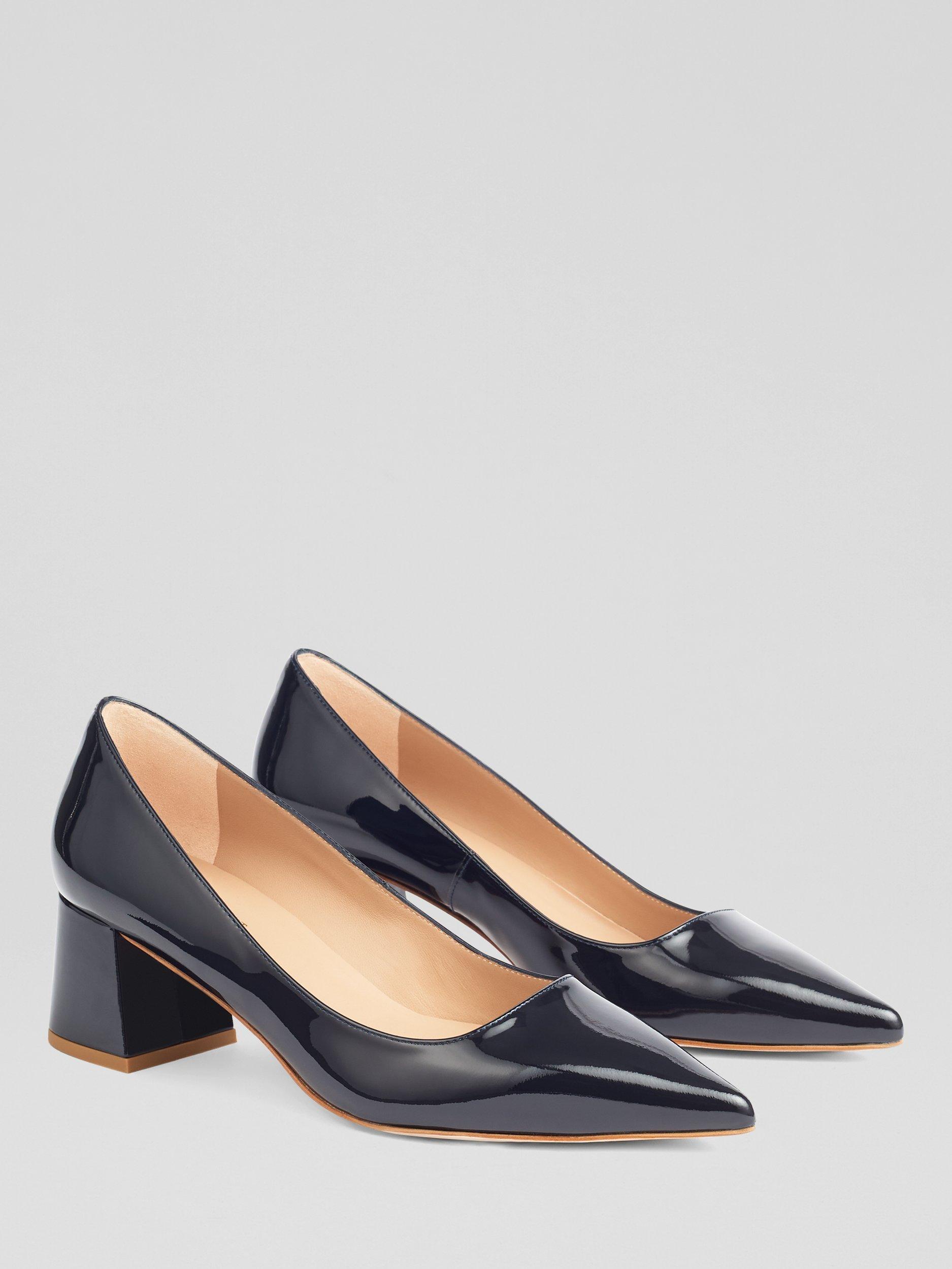 Product image 2 of 3, which shows L.K.Bennett Sloane Patent Leather Block Heel Court Shoes, Navy, 2