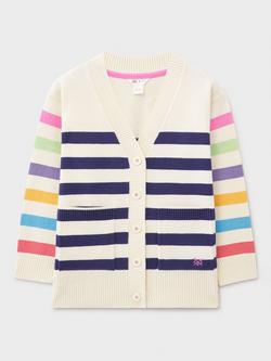 Crew Clothing Kids' Long Sleeved Knitted Striped Cardigan, Multi White, Multi White