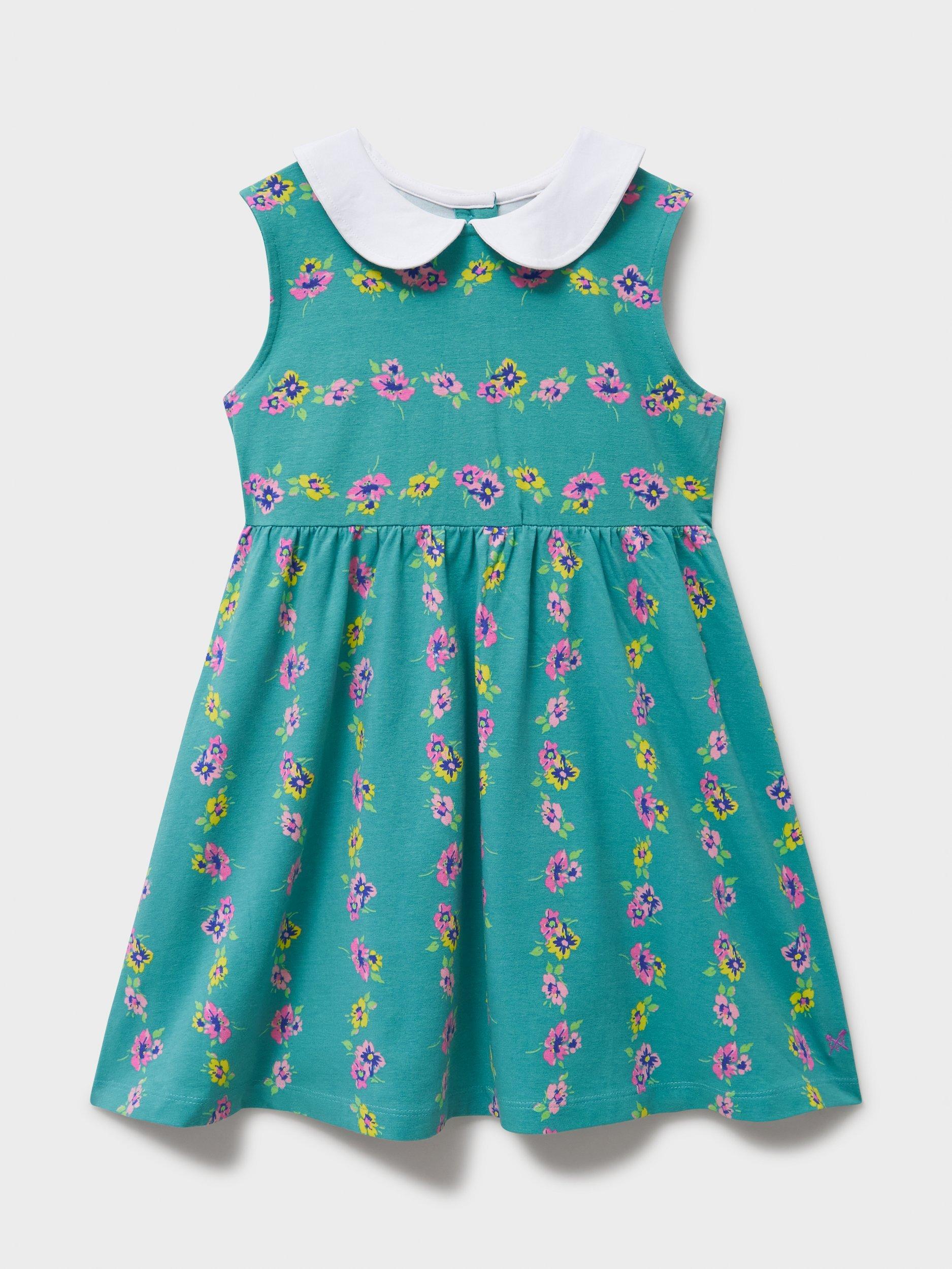Product image 1 of 3, which shows Crew Clothing Kids' Cotton Blend Floral Peter Pan Dress, Turquoise Green, 8-9 years