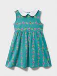 Crew Clothing Kids' Cotton Blend Floral Peter Pan Dress, Turquoise Green