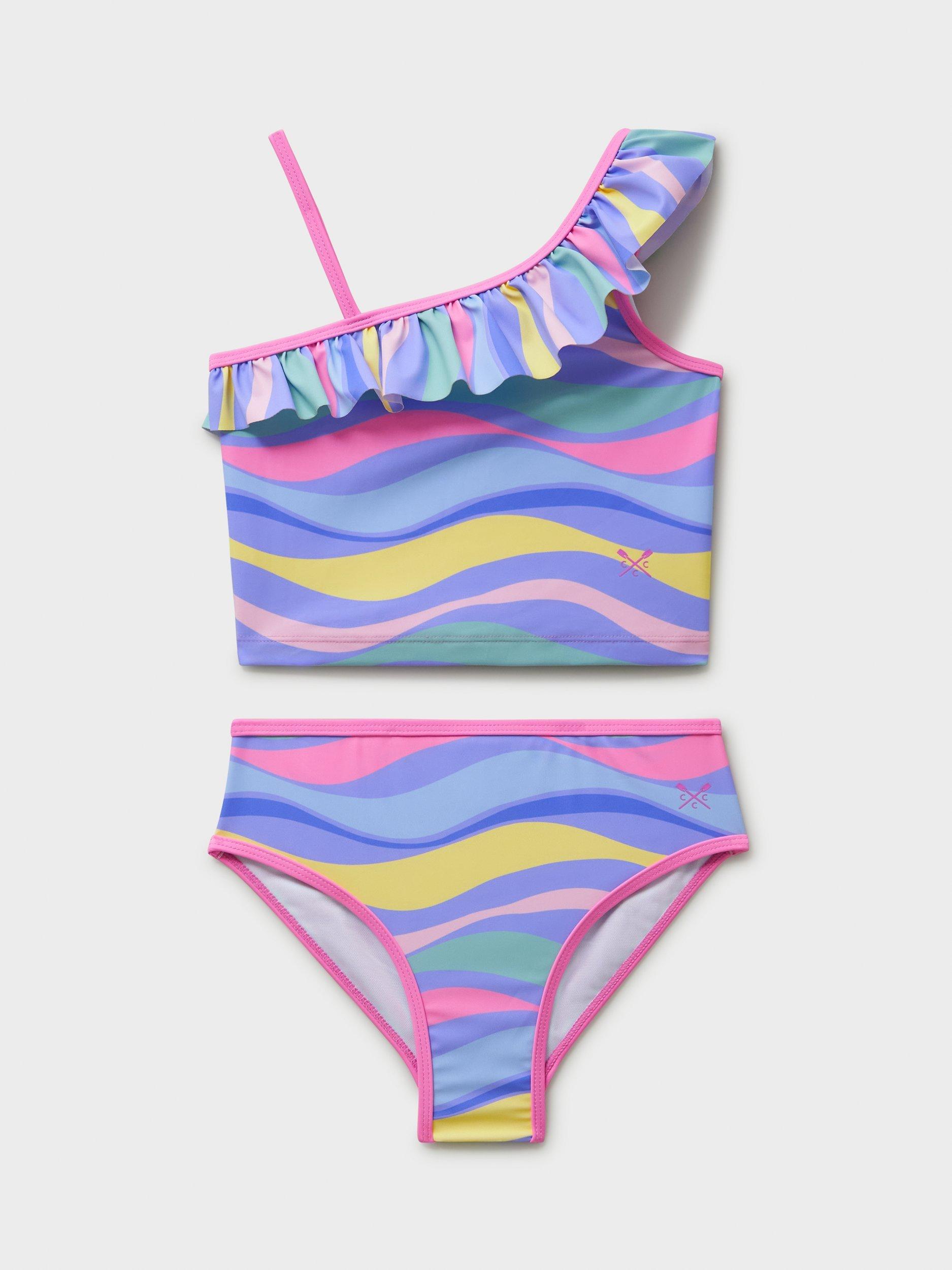 Product image 1 of 3, which shows Crew Clothing Kids' Wave Stripe Asymmetric Tankini, Multi, 8-9 years