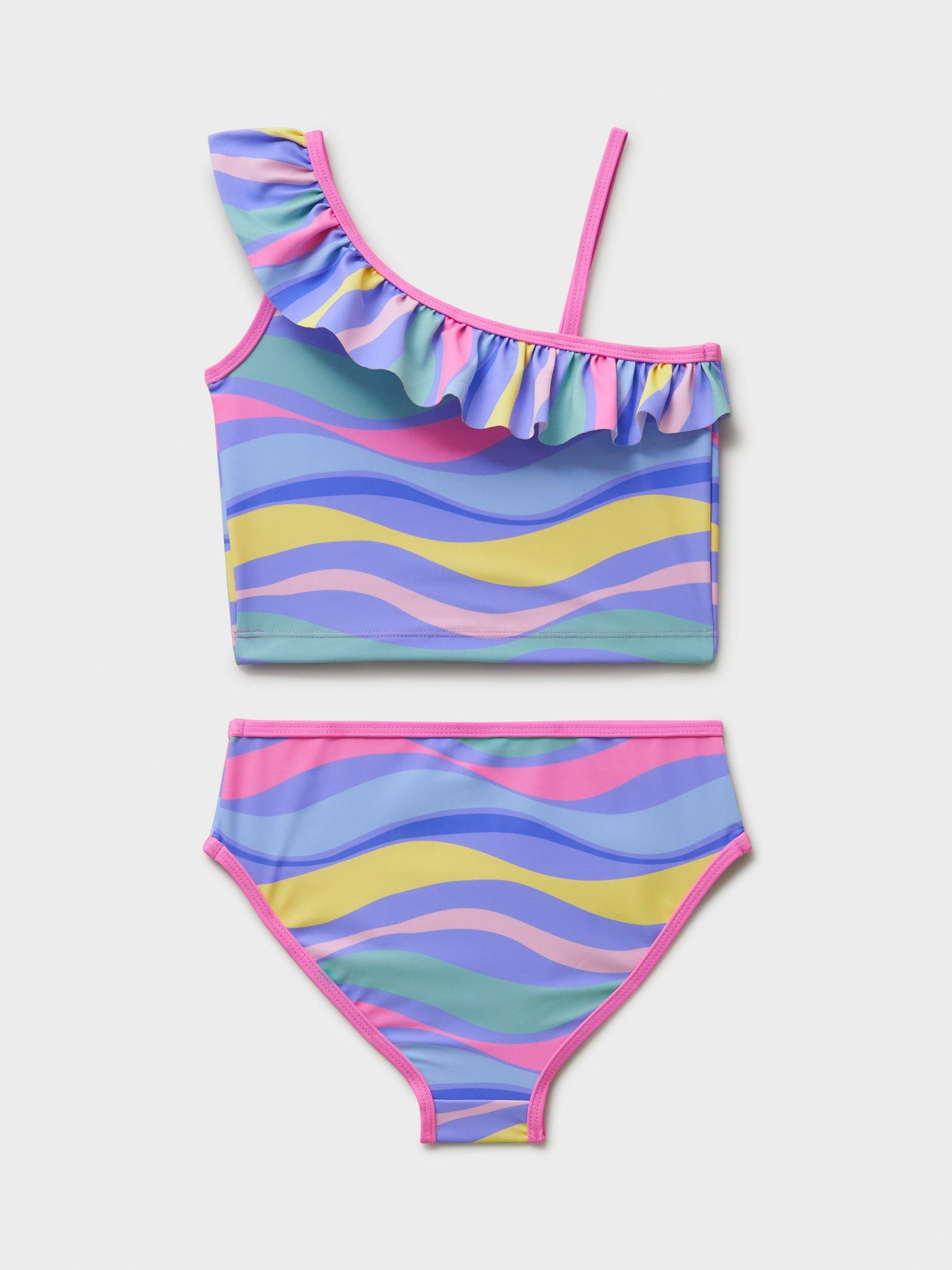 Product image 2 of 3, which shows Crew Clothing Kids' Wave Stripe Asymmetric Tankini, Multi, 8-9 years