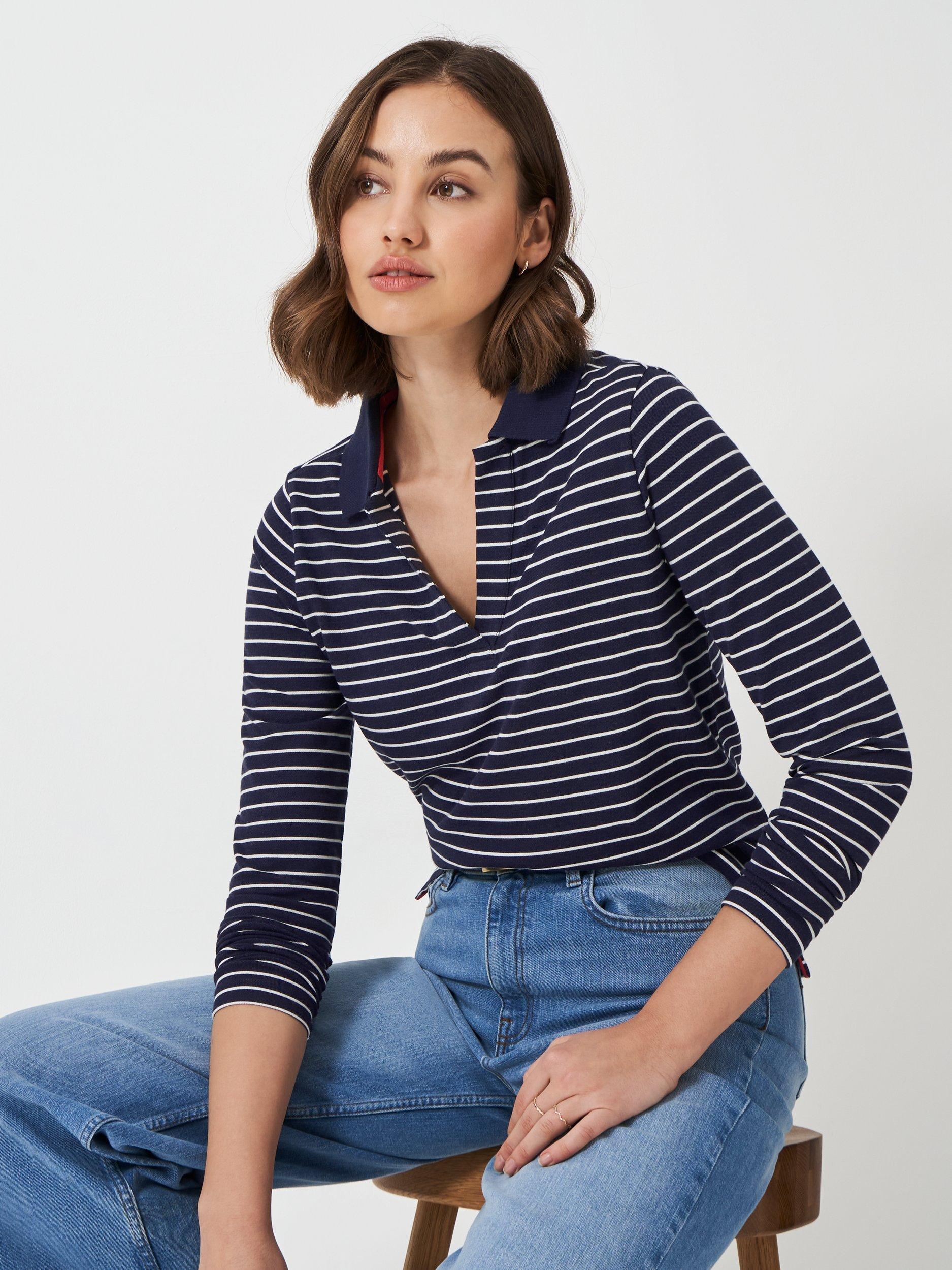 Product image 2 of 6, which shows Crew Clothing Modal Stripe Textured Long Sleeve Polo Top, Navy/White, 6