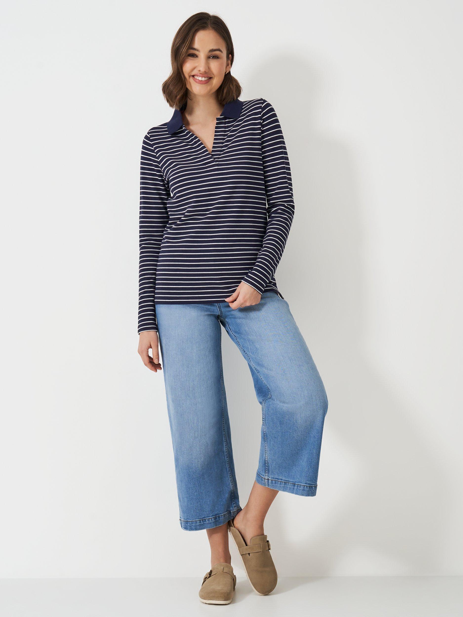 Product image 3 of 6, which shows Crew Clothing Modal Stripe Textured Long Sleeve Polo Top, Navy/White, 6