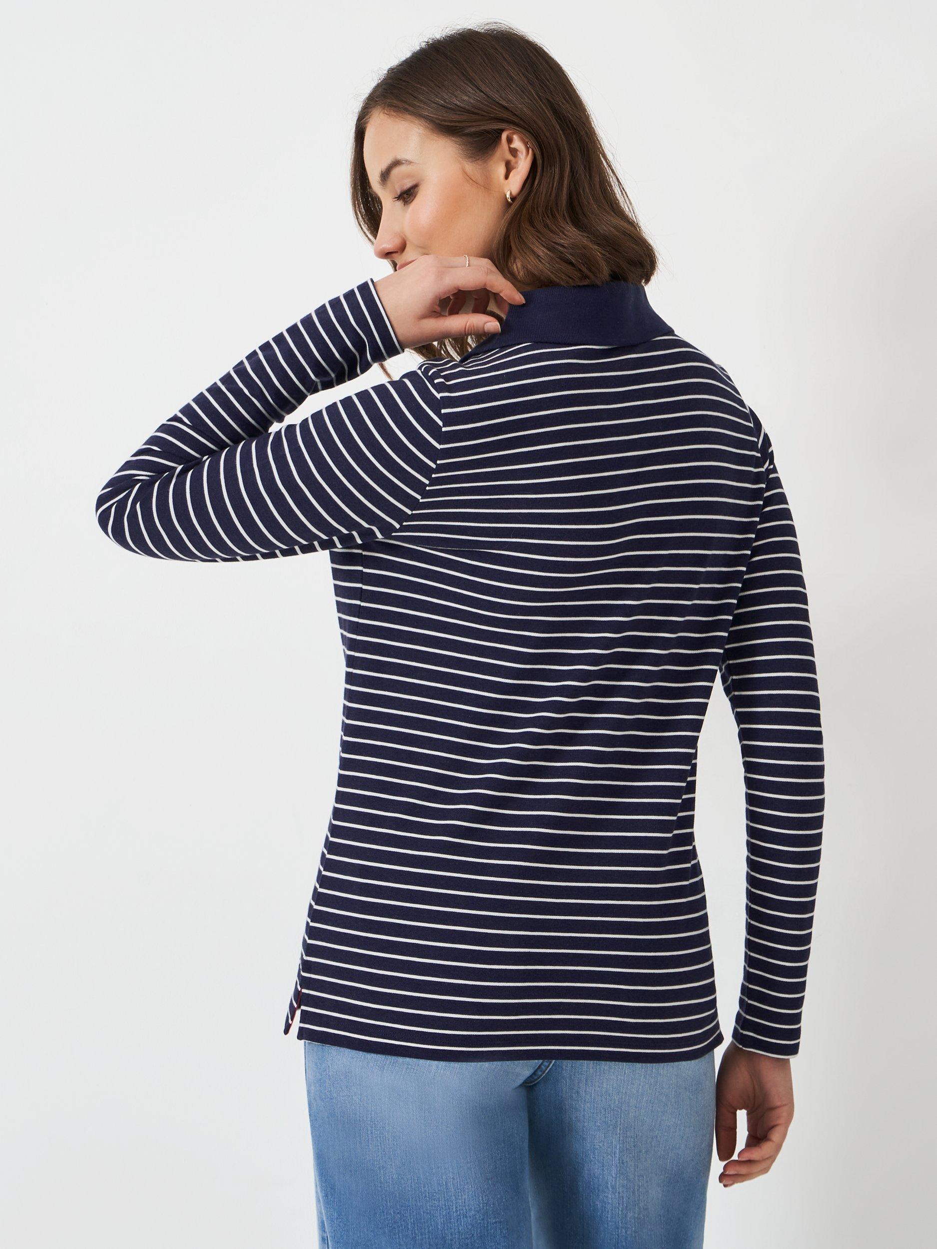 Product image 4 of 6, which shows Crew Clothing Modal Stripe Textured Long Sleeve Polo Top, Navy/White, 6
