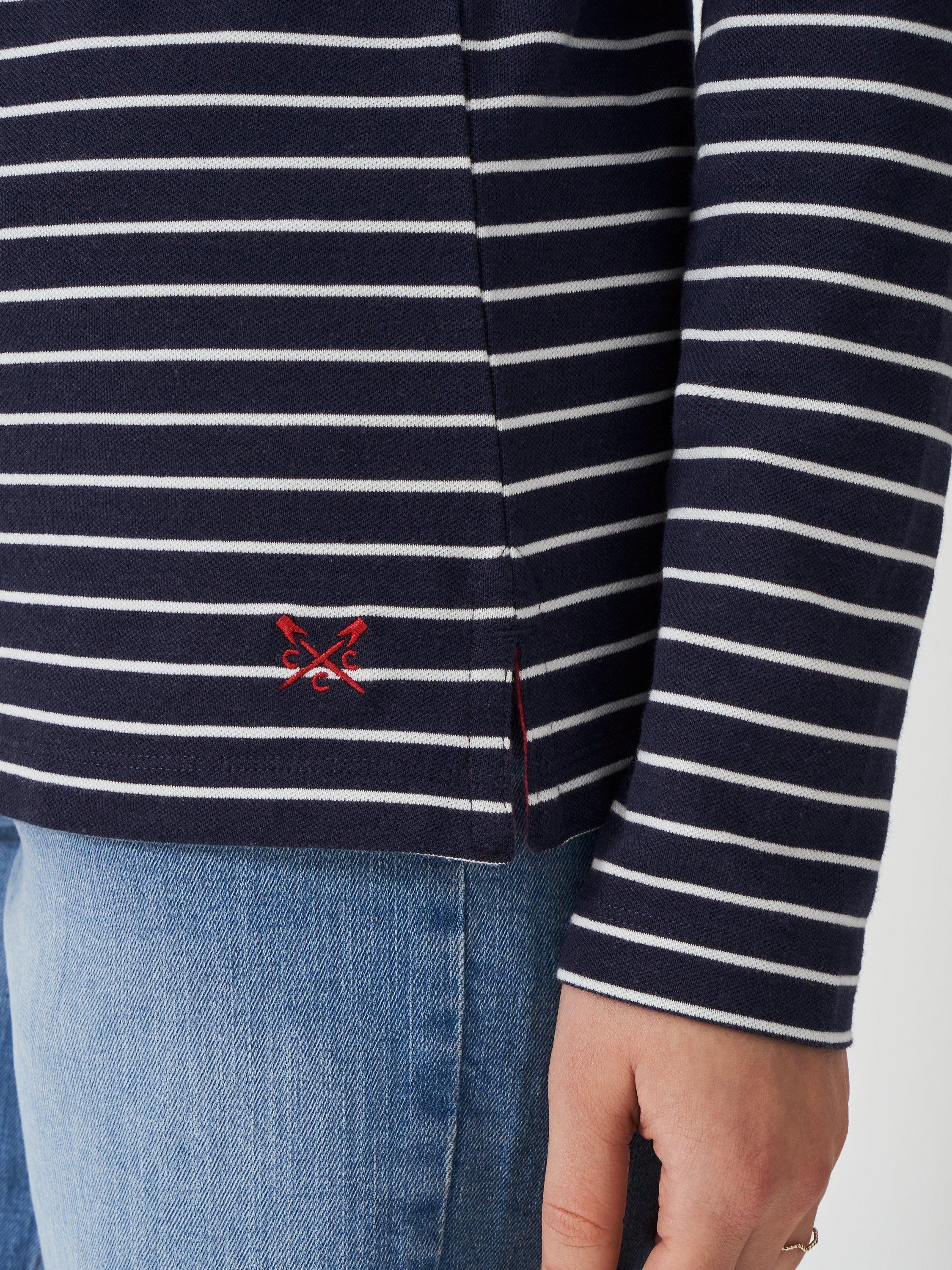 Product image 5 of 6, which shows Crew Clothing Modal Stripe Textured Long Sleeve Polo Top, Navy/White, 6
