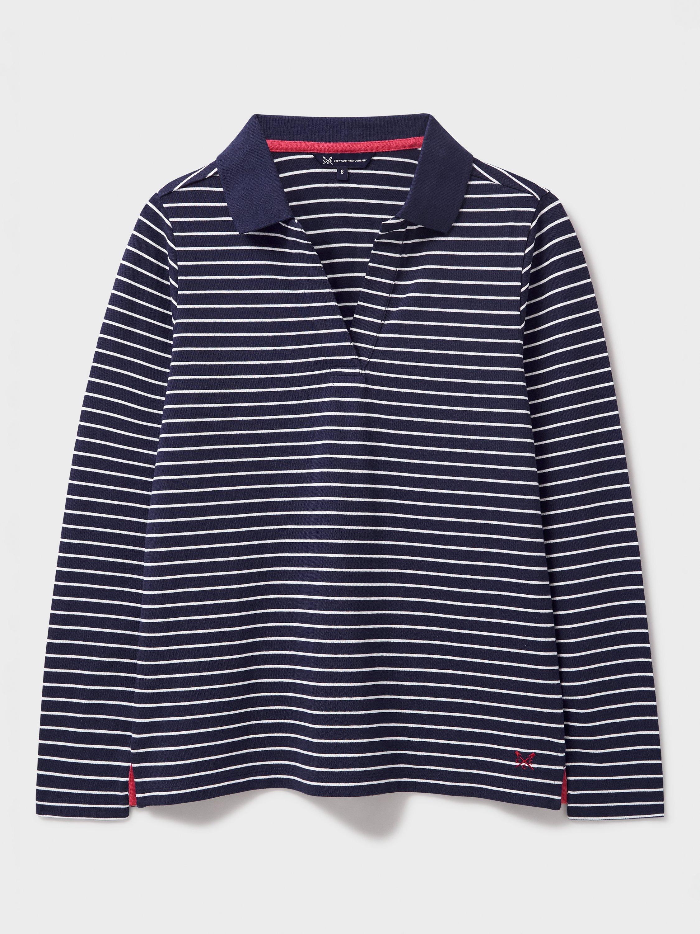 Product image 6 of 6, which shows Crew Clothing Modal Stripe Textured Long Sleeve Polo Top, Navy/White, 6