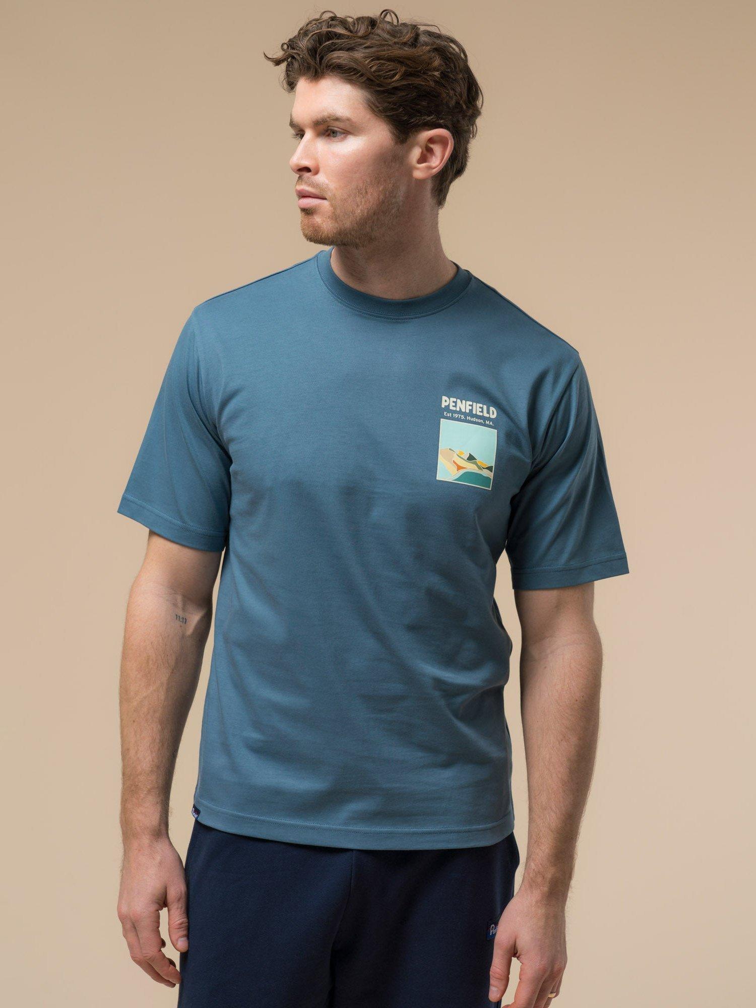 Product image 1 of 11, which shows Penfield Block Landscape Graphic Cotton T-Shirt , Blue Fusion, S