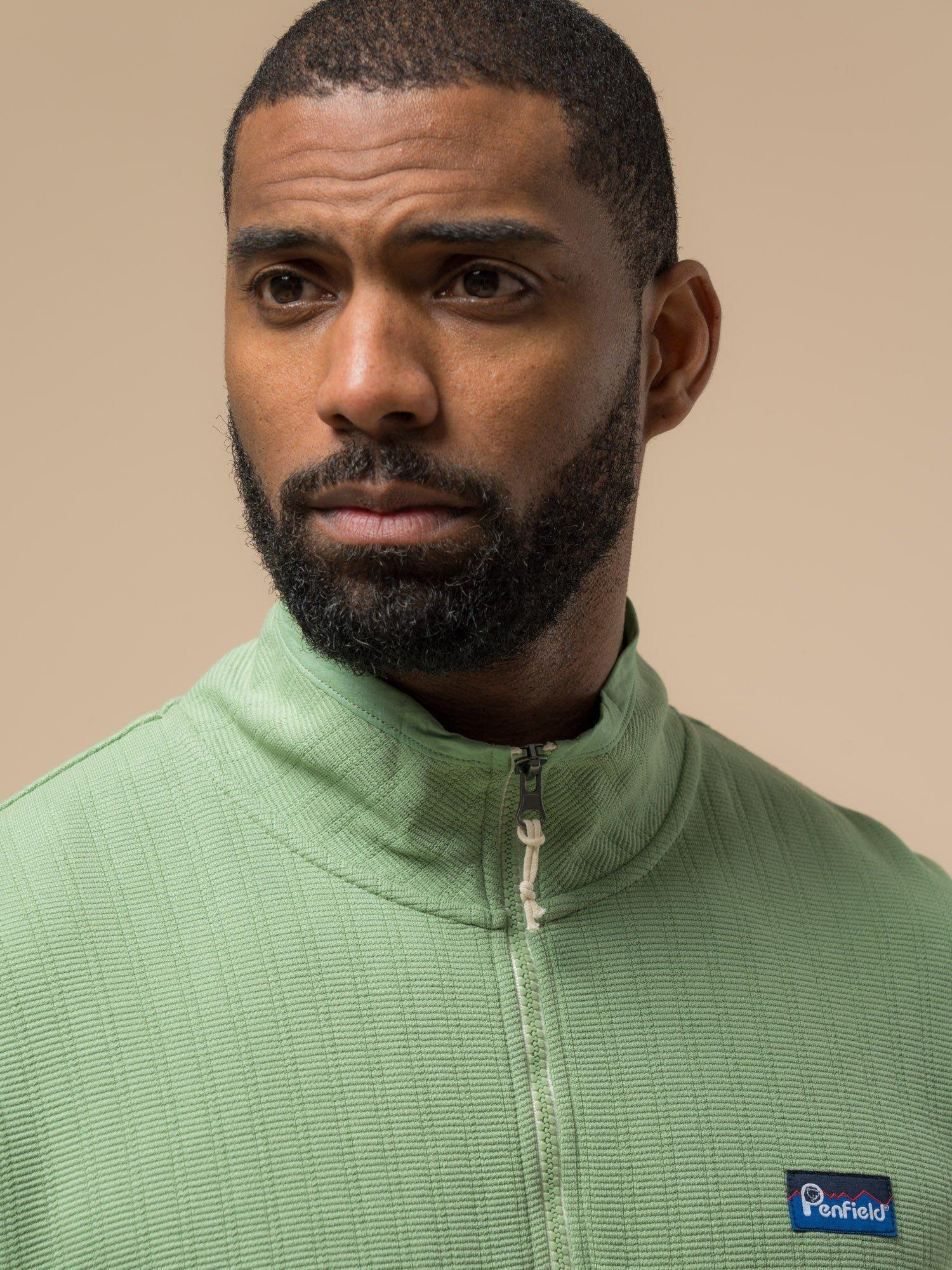 Product image 2 of 10, which shows Penfield Textured Stripe Half Zip Funnel Neck Top, Mistletoe, S