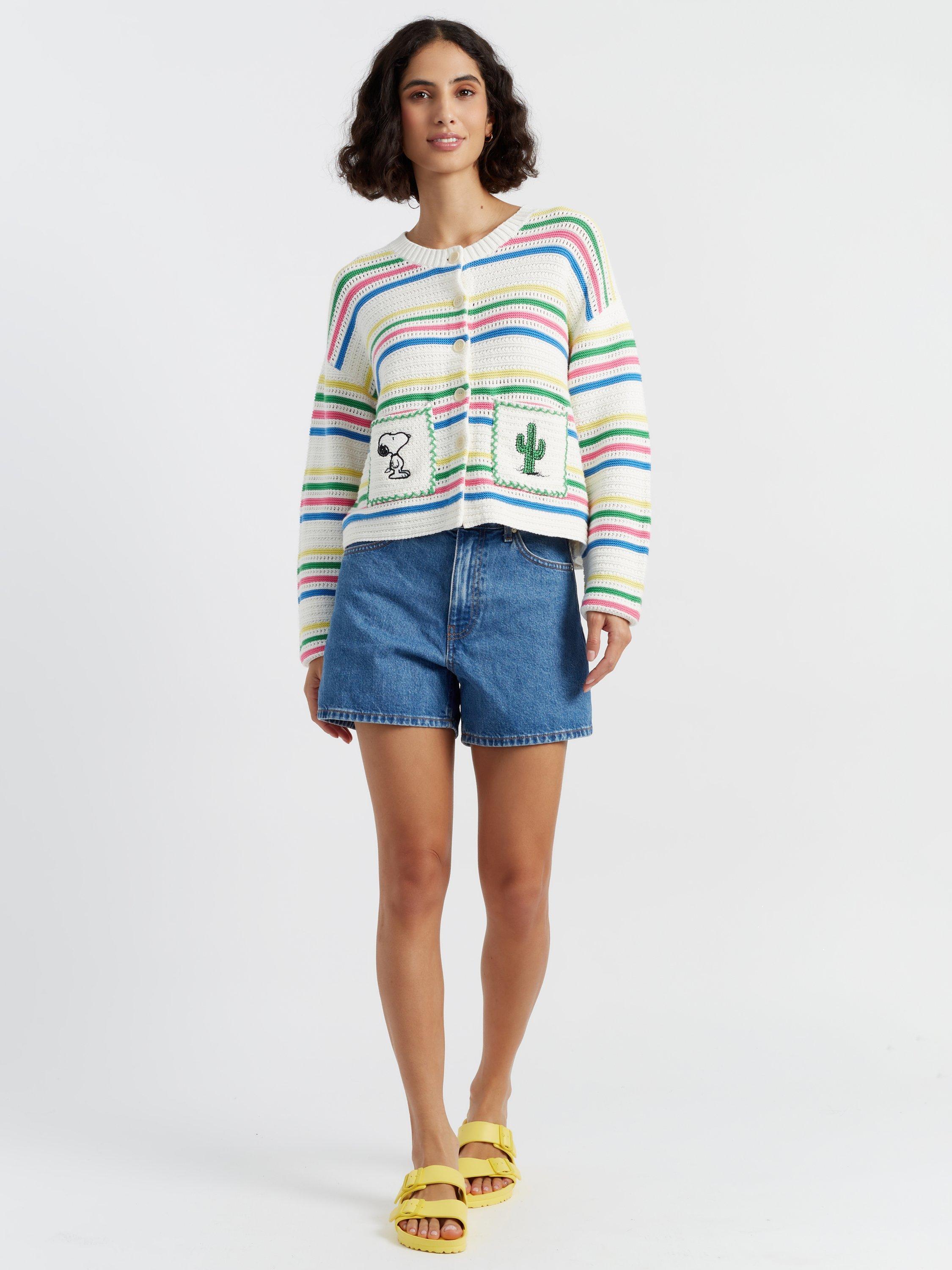 Product image 1 of 4, which shows Chinti & Parker Peanuts Stripe Vacation Pure Organic Cotton Cardigan, Cream/Multi, XS
