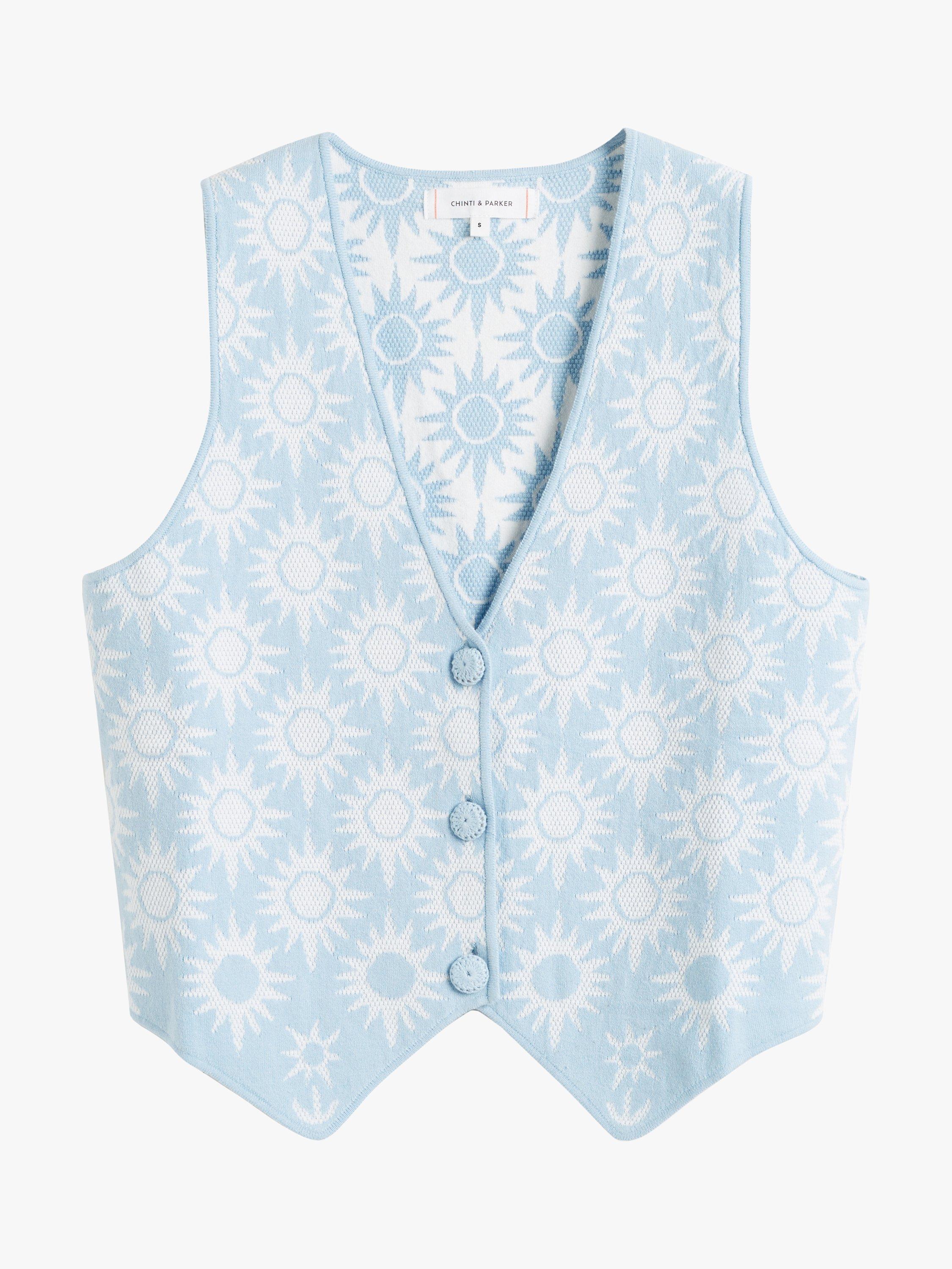 Product image 3 of 3, which shows Chinti & Parker X Laura Whitmore Sunflower Jacquard Print Waistcoat, Sky Blue, XS
