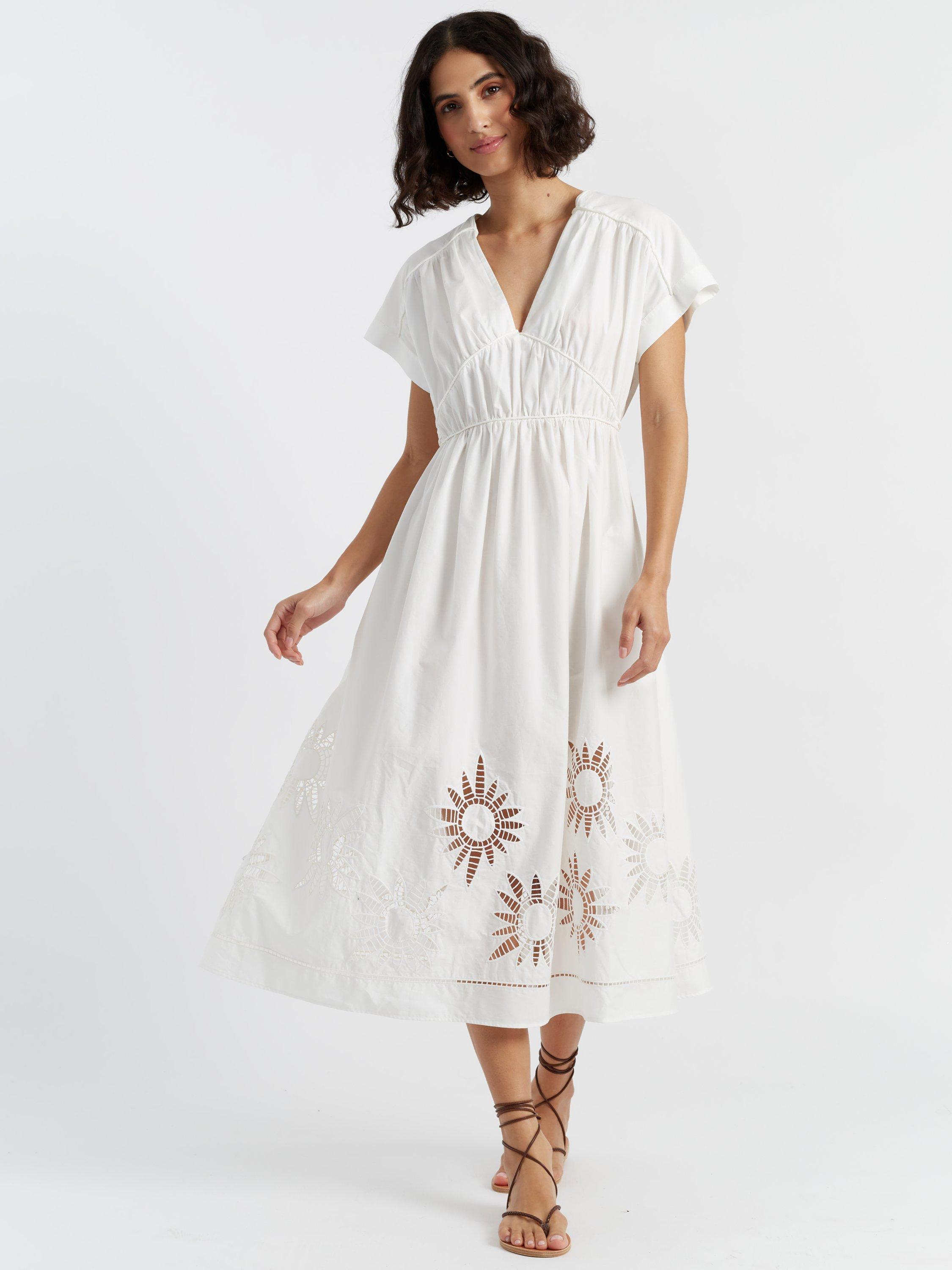 Product image 1 of 4, which shows Chinti & Parker Broderie Cotton Empire Line Midi Dress, Cream, 6