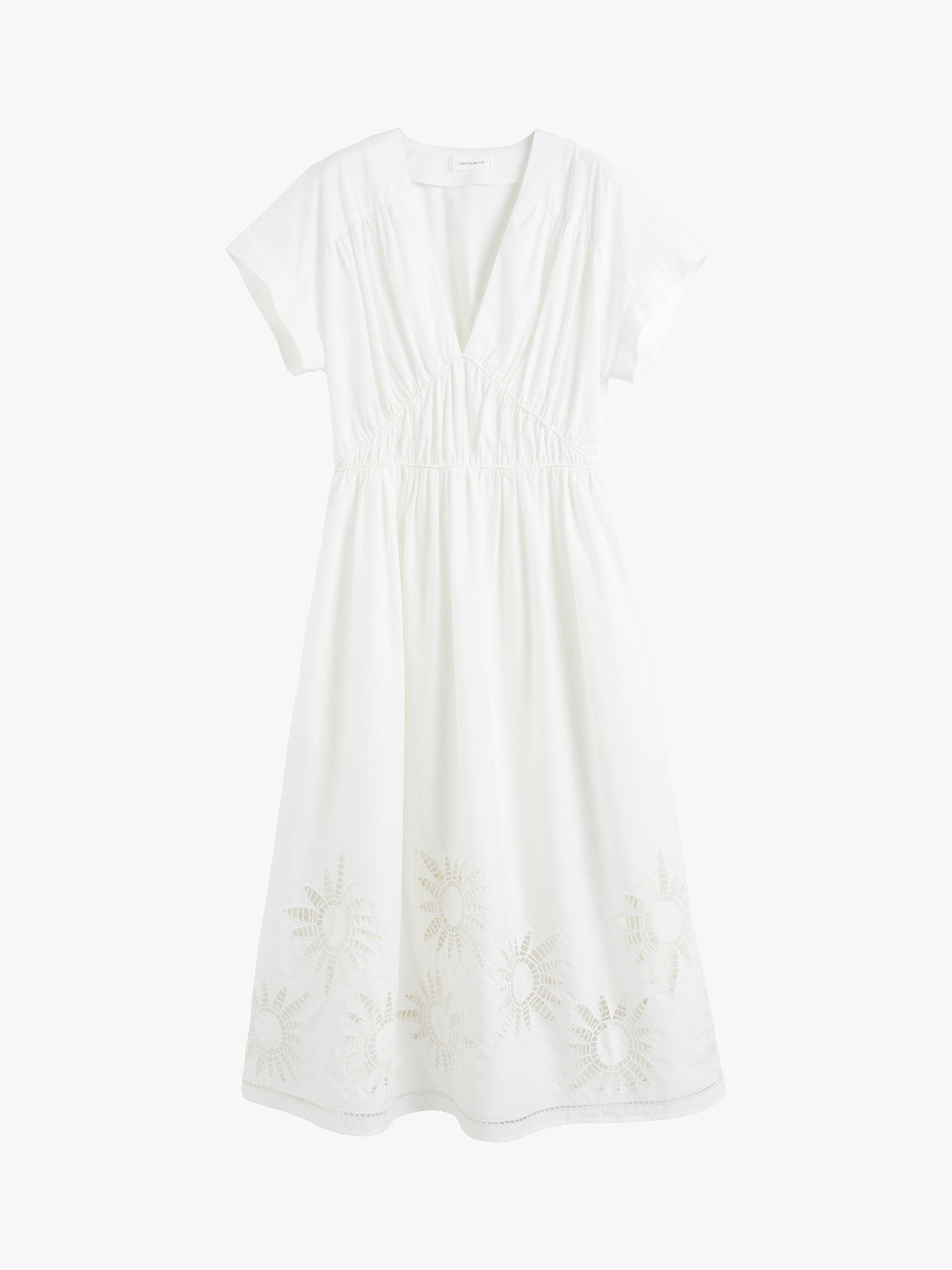 Product image 4 of 4, which shows Chinti & Parker Broderie Cotton Empire Line Midi Dress, Cream, 6
