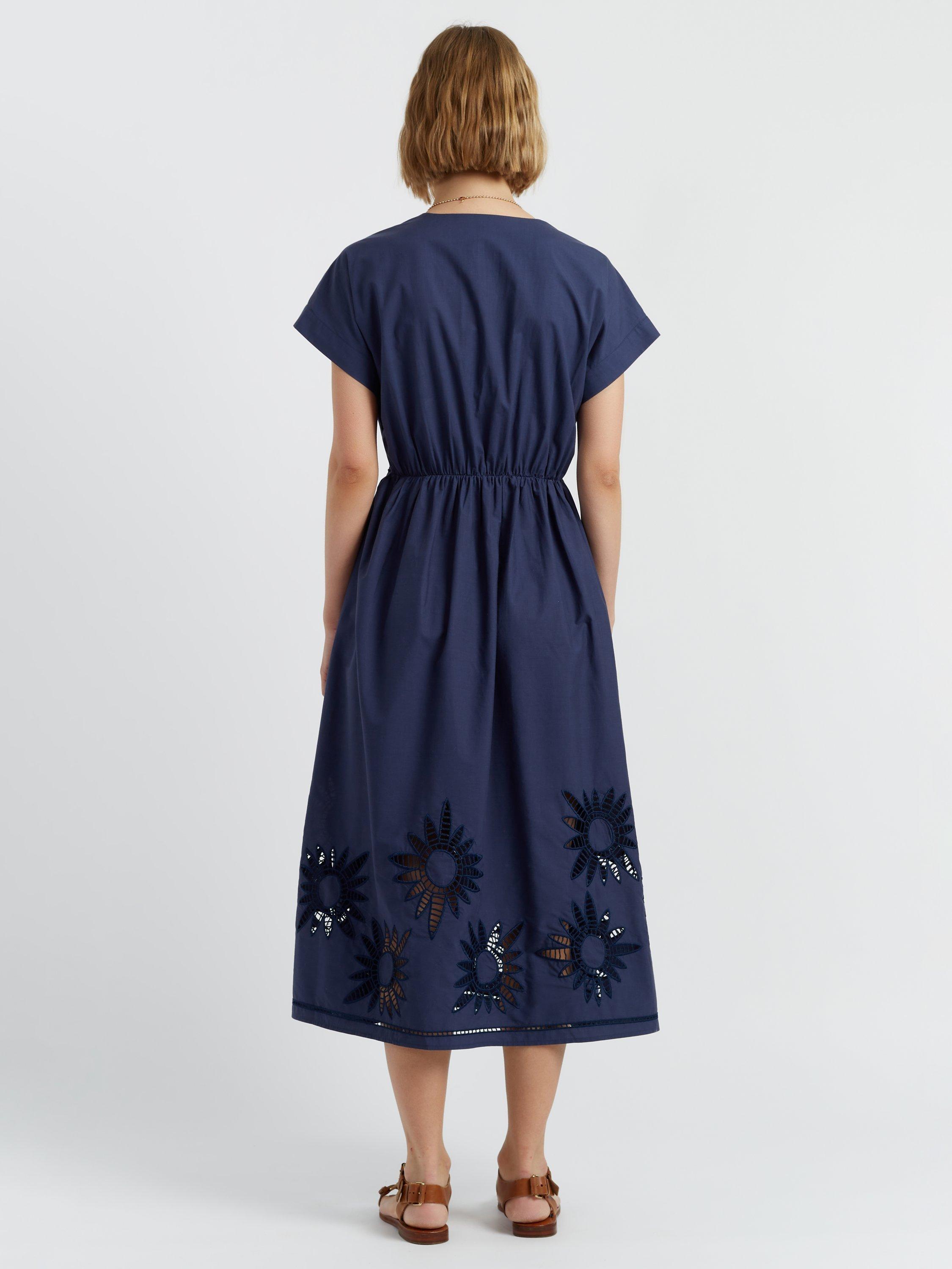 Product image 2 of 5, which shows Chinti & Parker Broderie Cotton Empire Line Midi Dress, Navy, 6